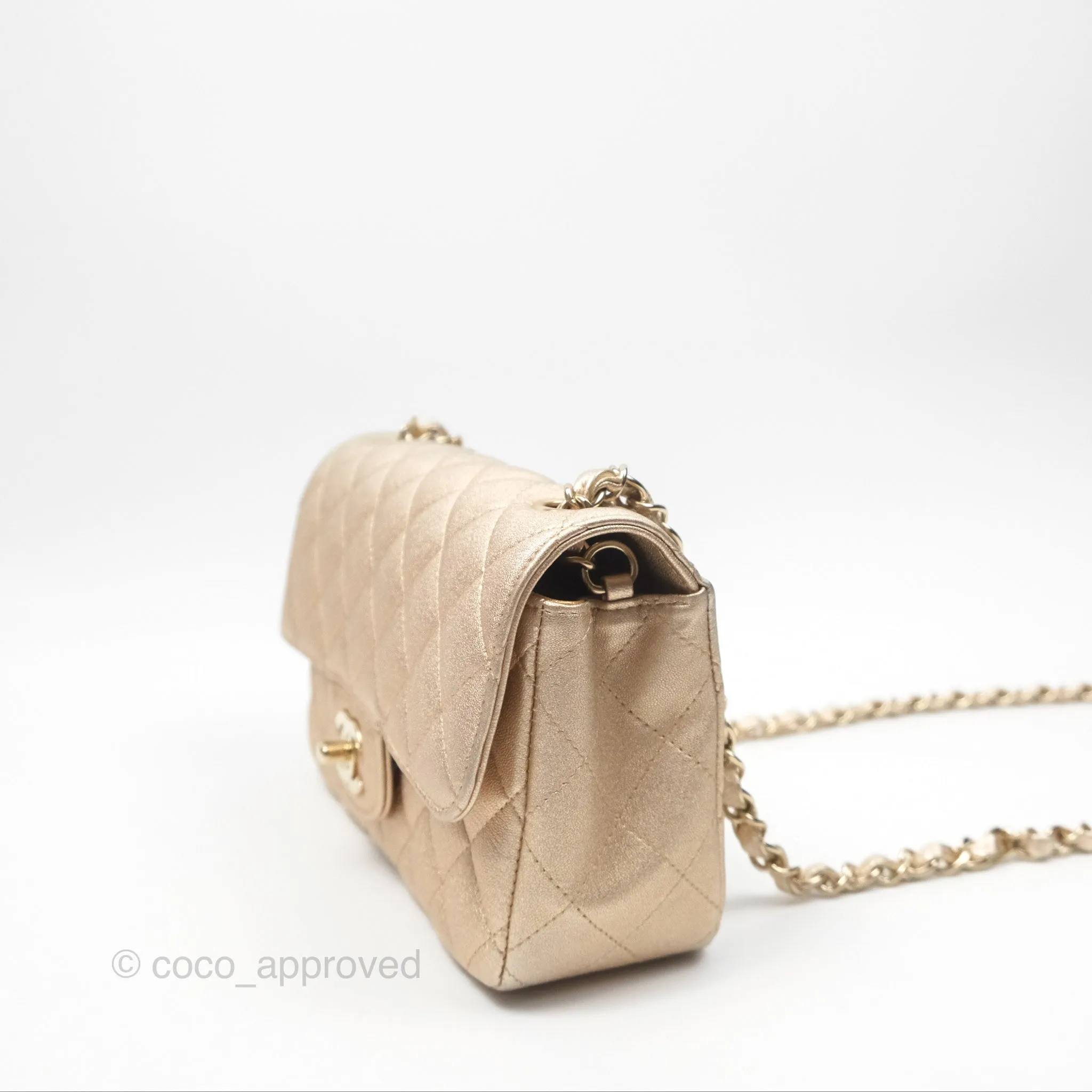 Chanel Mini Rectangular Quilted Iridescent Gold Lambskin Gold Hardware 21P