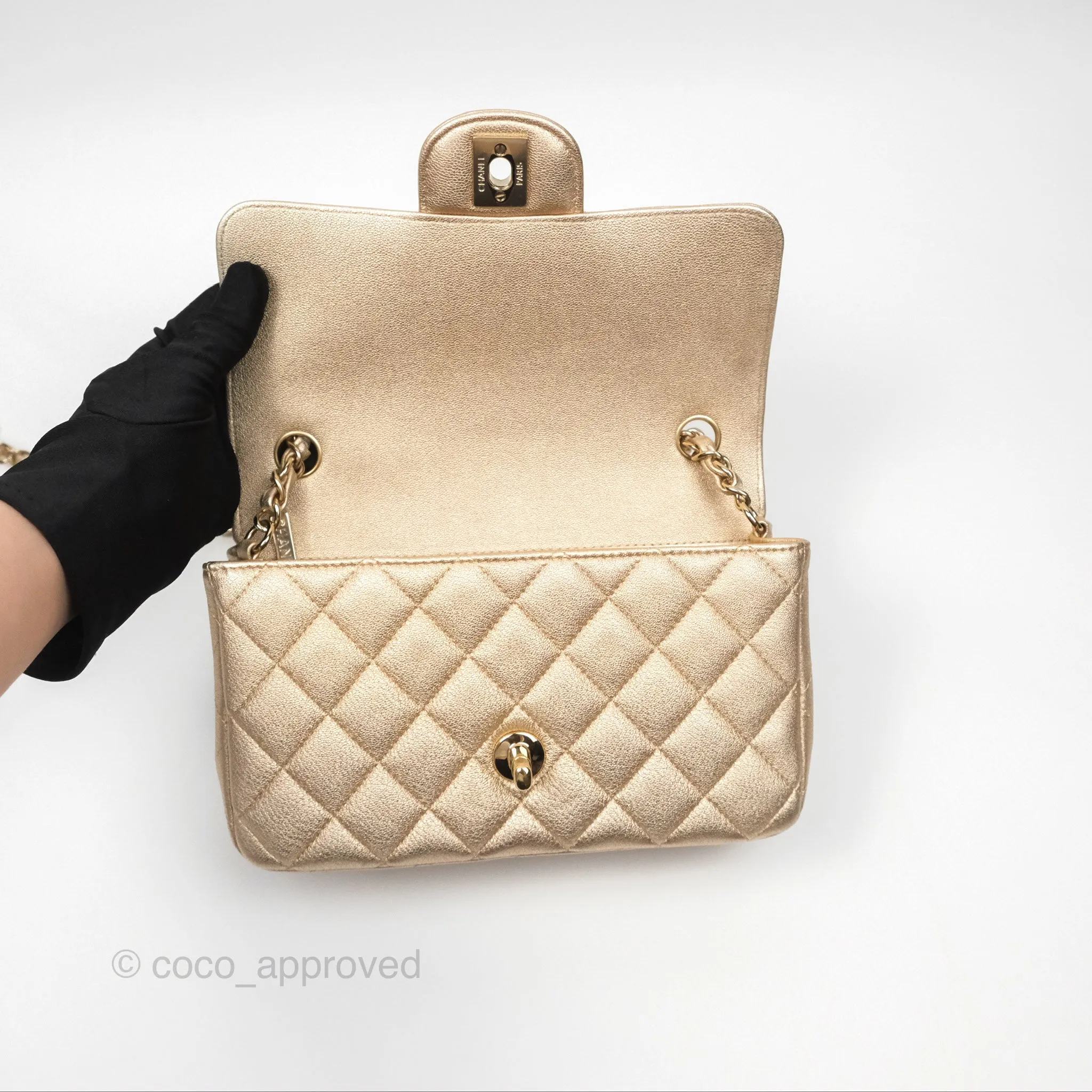 Chanel Mini Rectangular Quilted Iridescent Gold Lambskin Gold Hardware 21P
