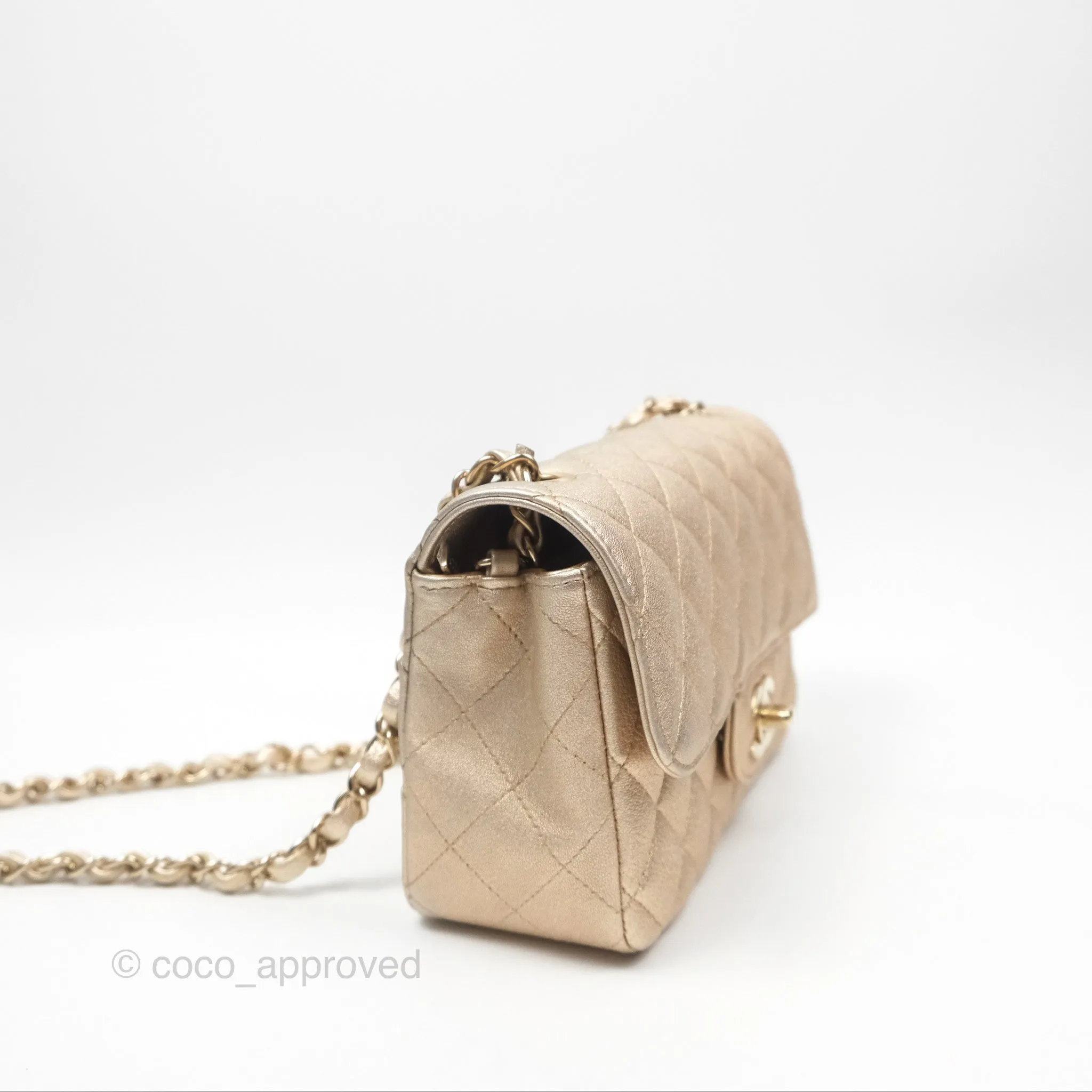 Chanel Mini Rectangular Quilted Iridescent Gold Lambskin Gold Hardware 21P