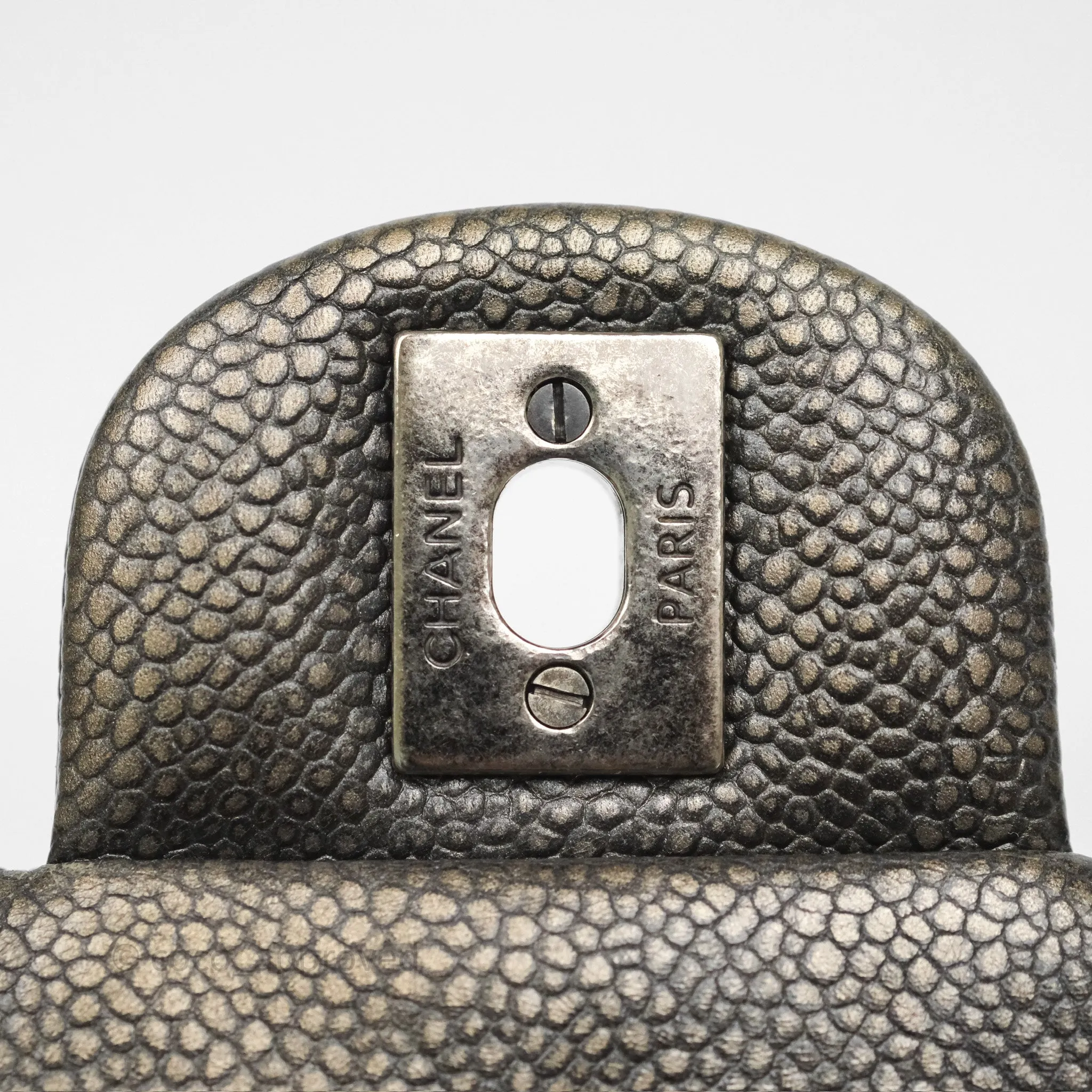 Chanel Mini Rectangular Quilted Metallic Grey Caviar Ruthenium Hardware