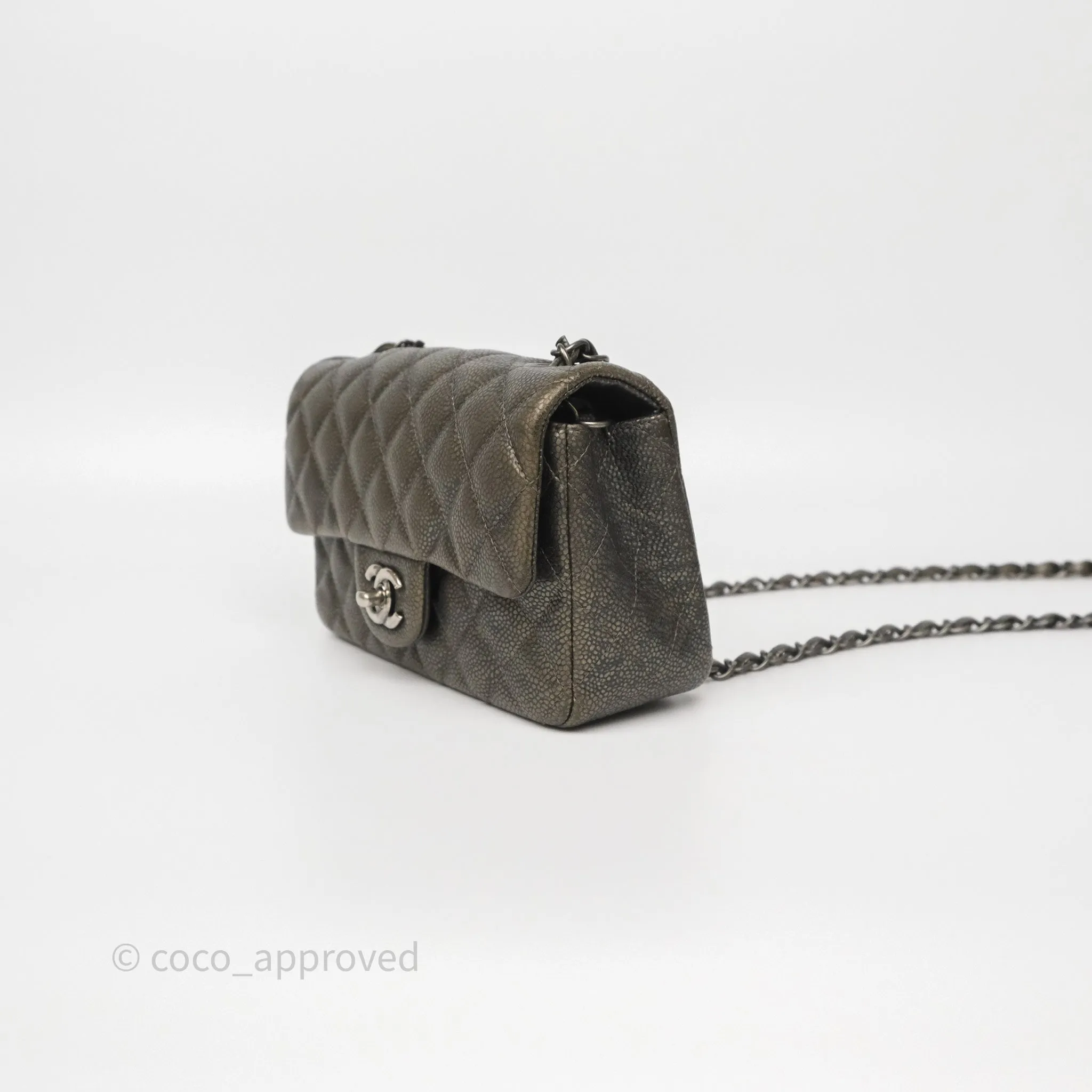 Chanel Mini Rectangular Quilted Metallic Grey Caviar Ruthenium Hardware