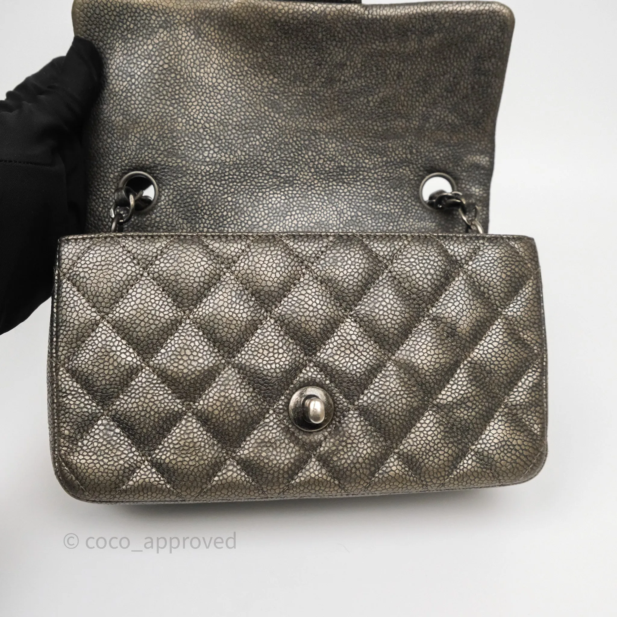 Chanel Mini Rectangular Quilted Metallic Grey Caviar Ruthenium Hardware