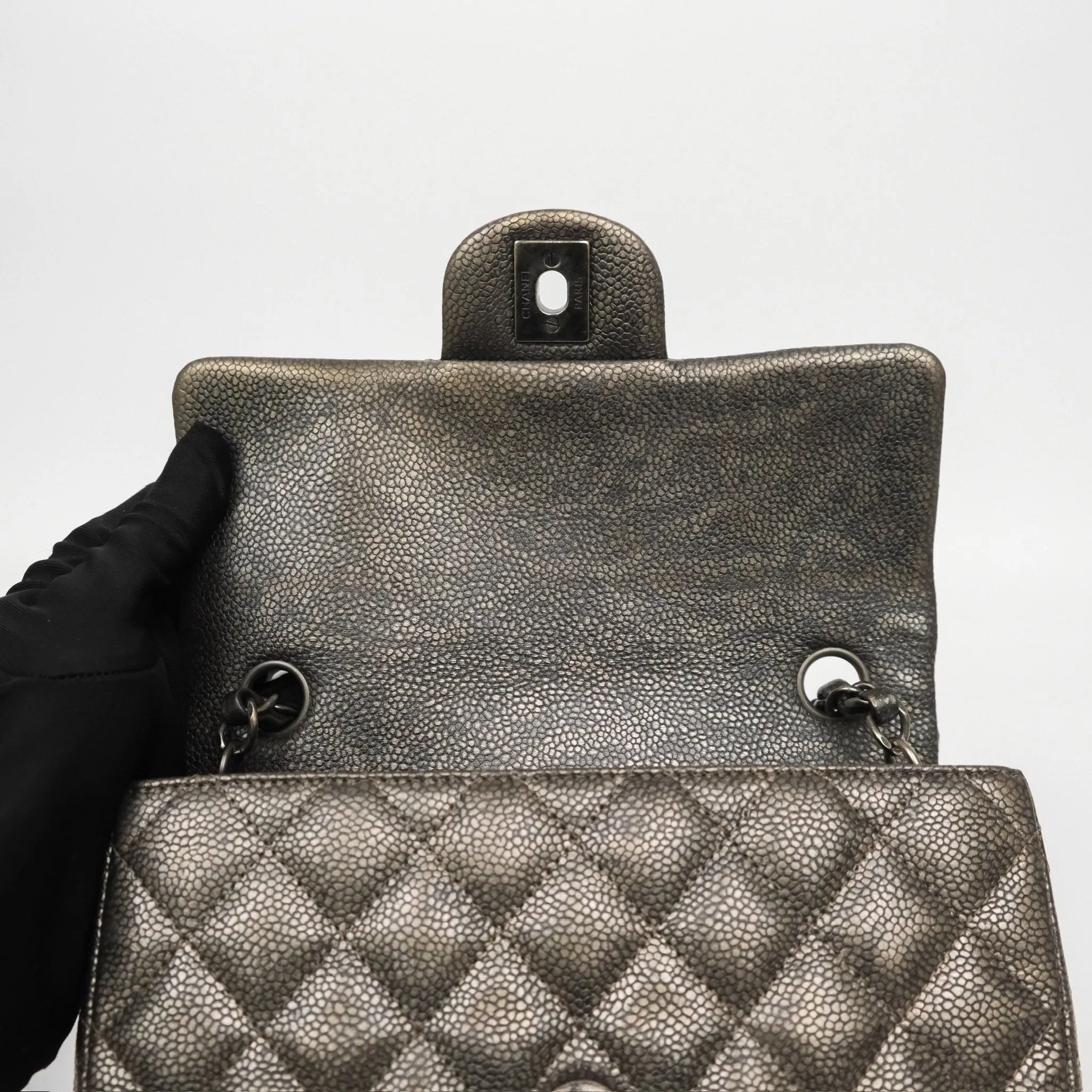 Chanel Mini Rectangular Quilted Metallic Grey Caviar Ruthenium Hardware