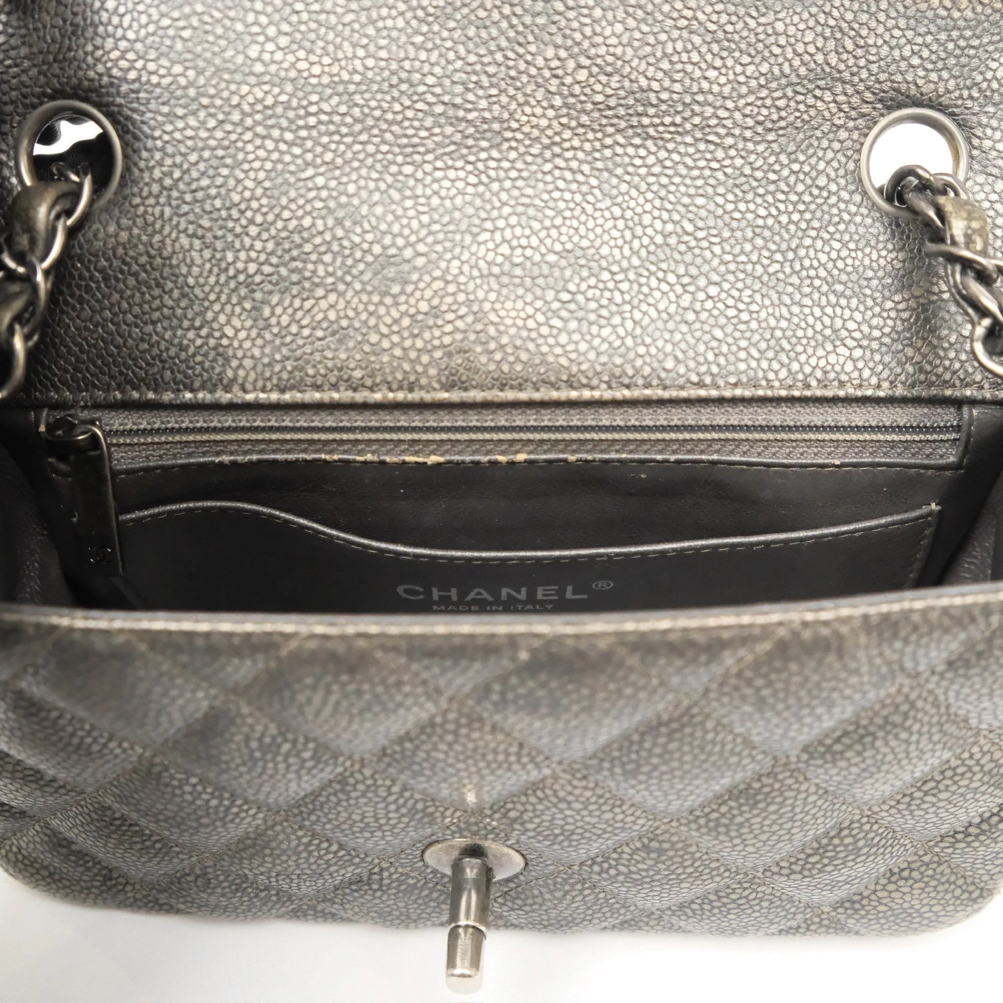 Chanel Mini Rectangular Quilted Metallic Grey Caviar Ruthenium Hardware