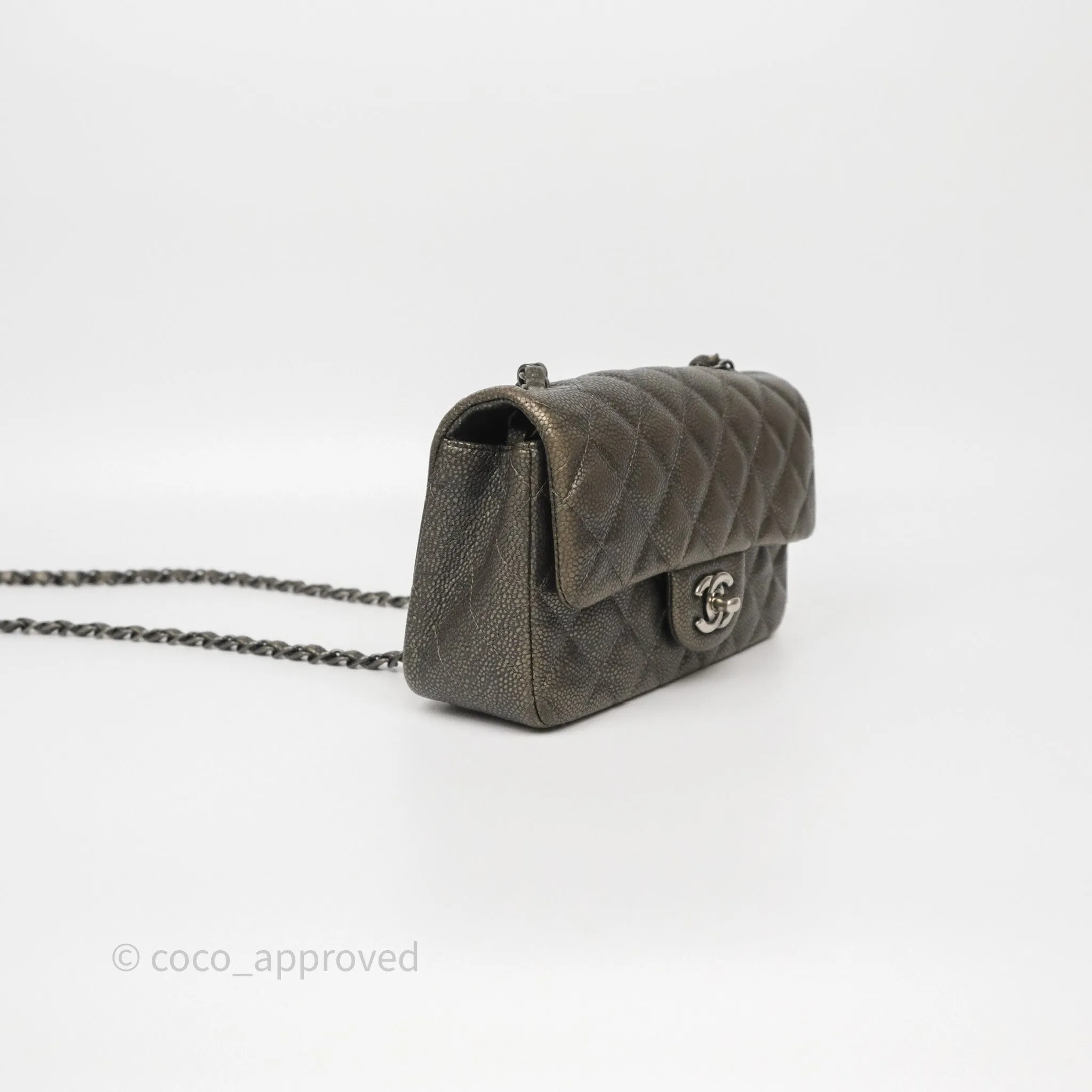 Chanel Mini Rectangular Quilted Metallic Grey Caviar Ruthenium Hardware