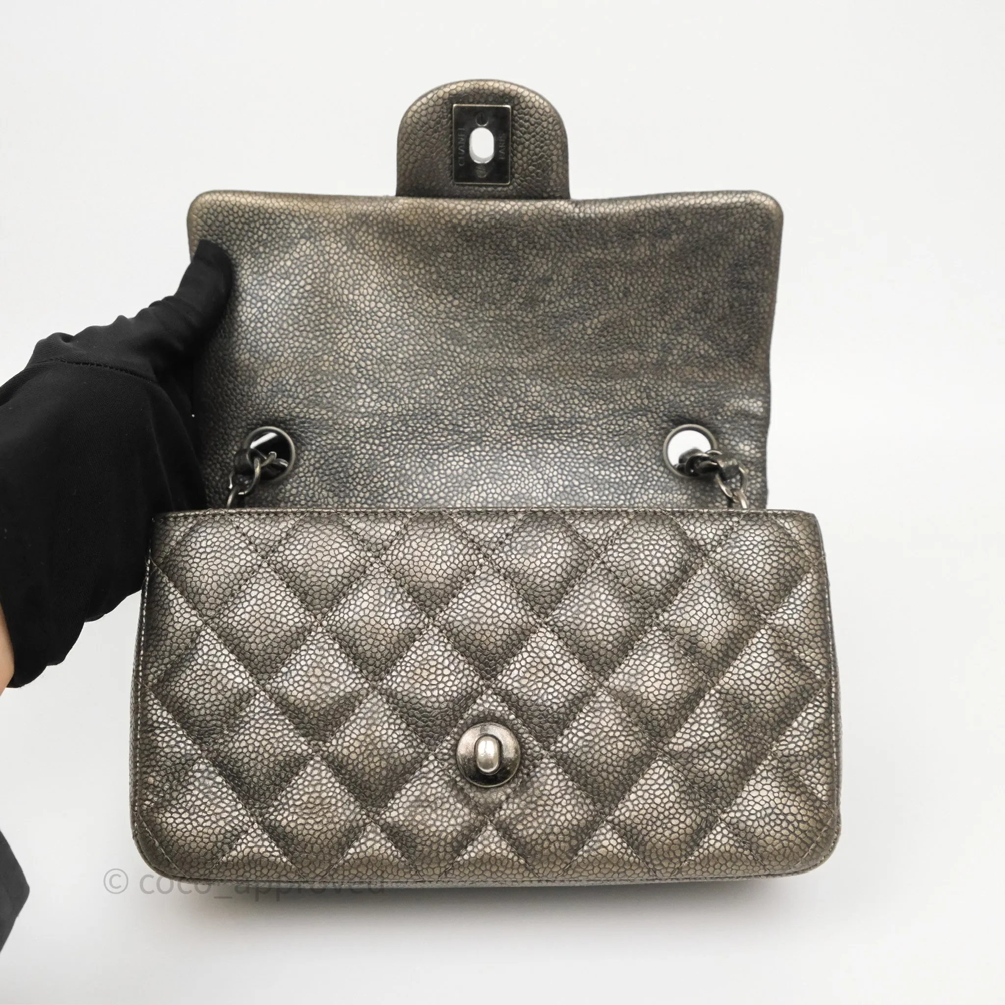 Chanel Mini Rectangular Quilted Metallic Grey Caviar Ruthenium Hardware