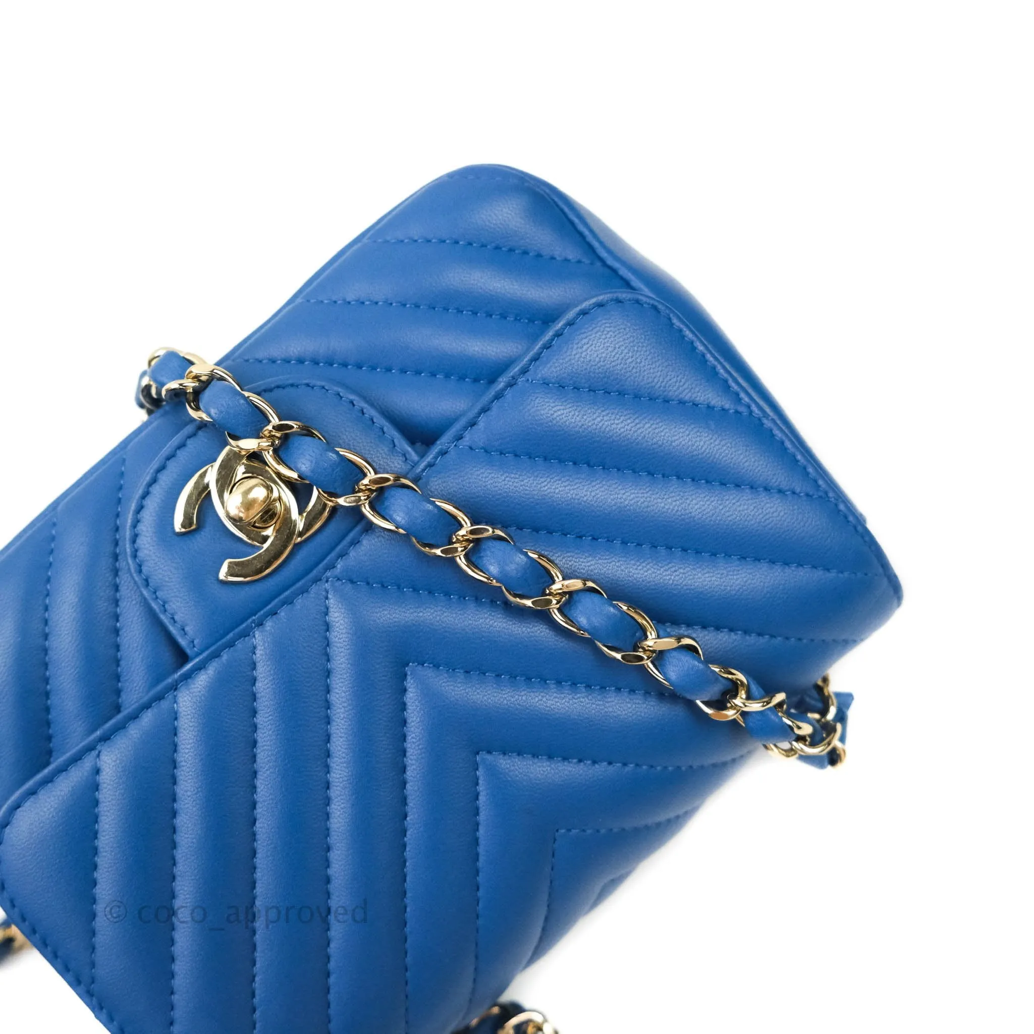 Chanel Mini Square Chevron Blue Lambskin Gold Hardware