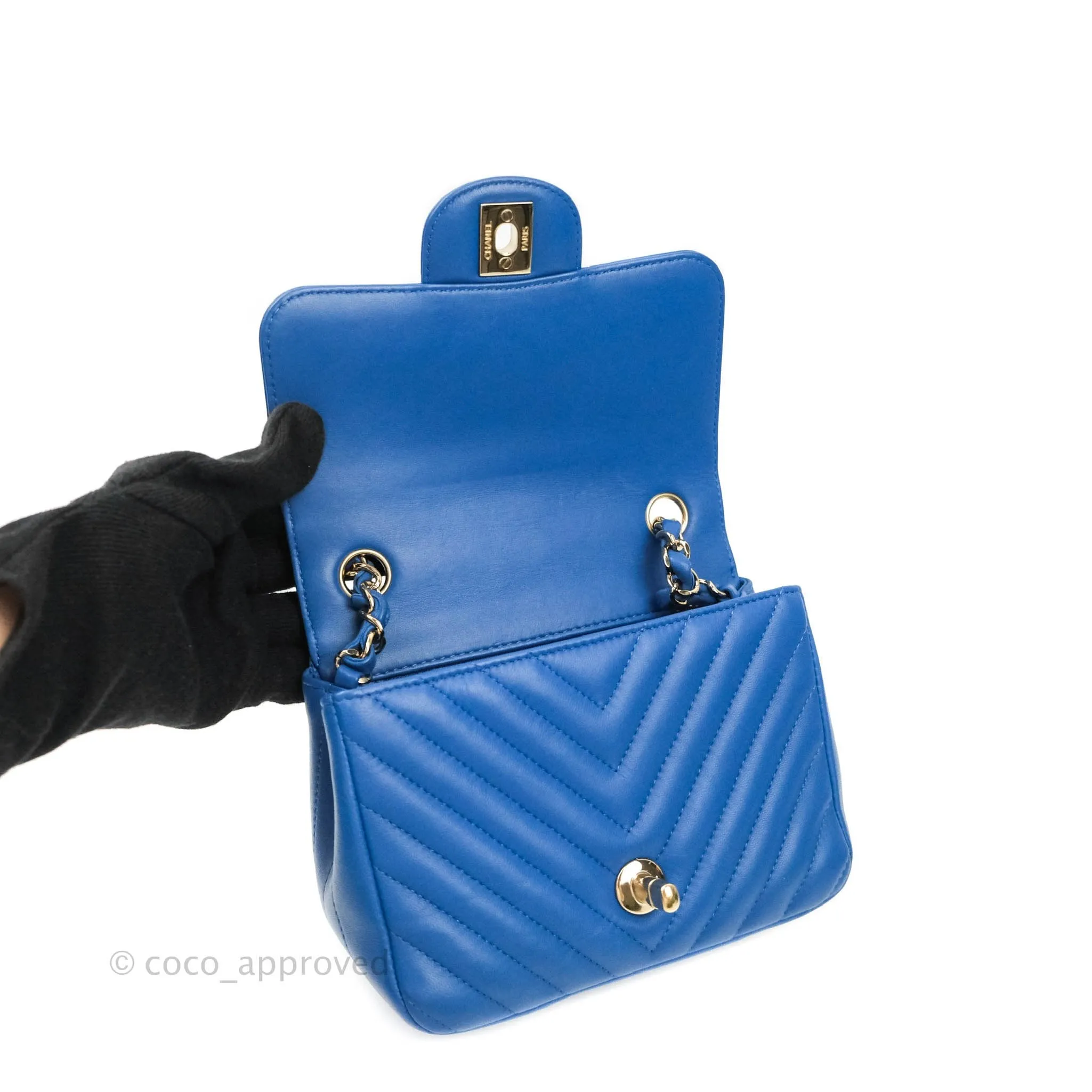 Chanel Mini Square Chevron Blue Lambskin Gold Hardware