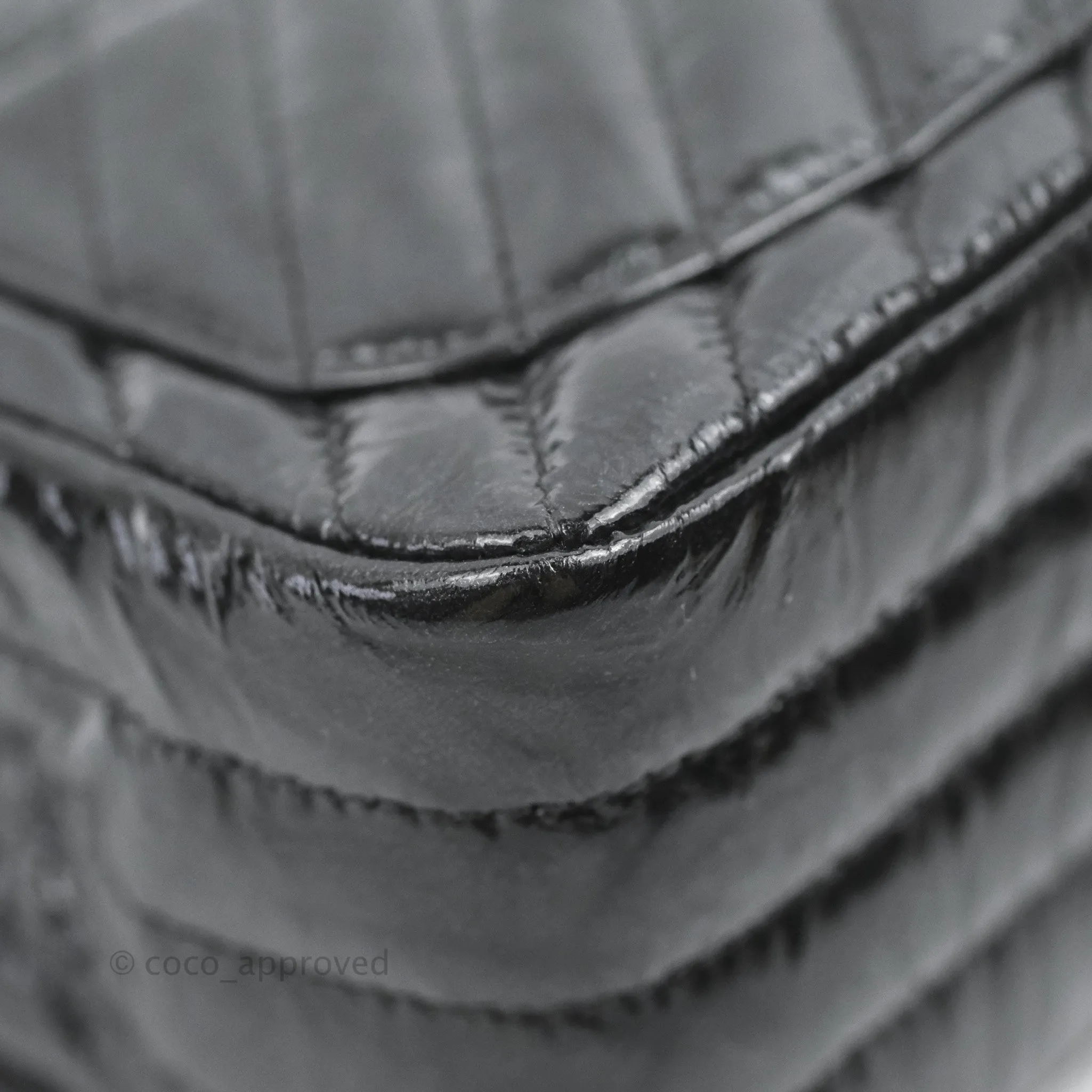 Chanel Mini Square Chevron Flap Black Crumpled Metallic Patent So Black