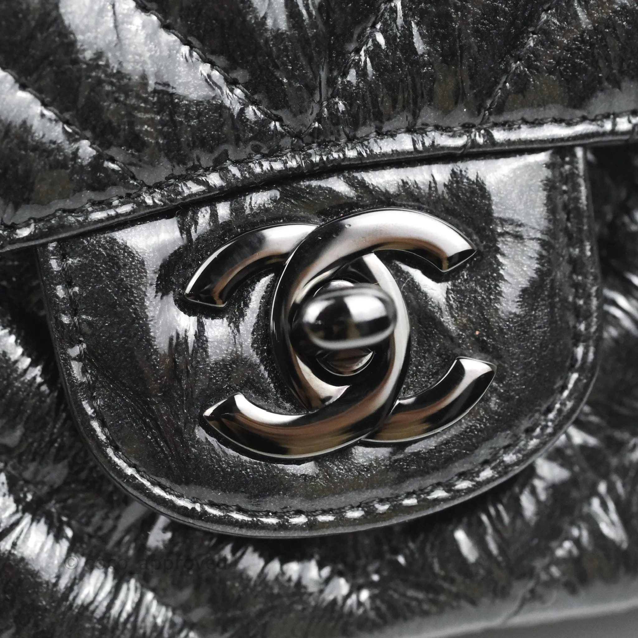 Chanel Mini Square Chevron Flap Black Crumpled Metallic Patent So Black
