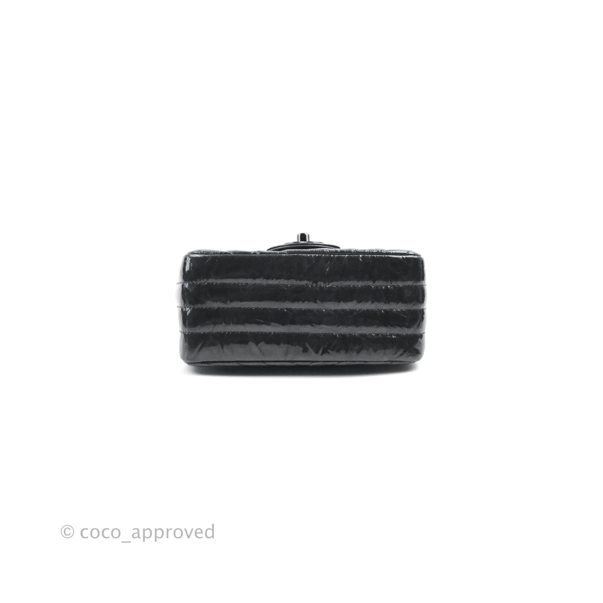 Chanel Mini Square Chevron Flap Black Crumpled Metallic Patent So Black