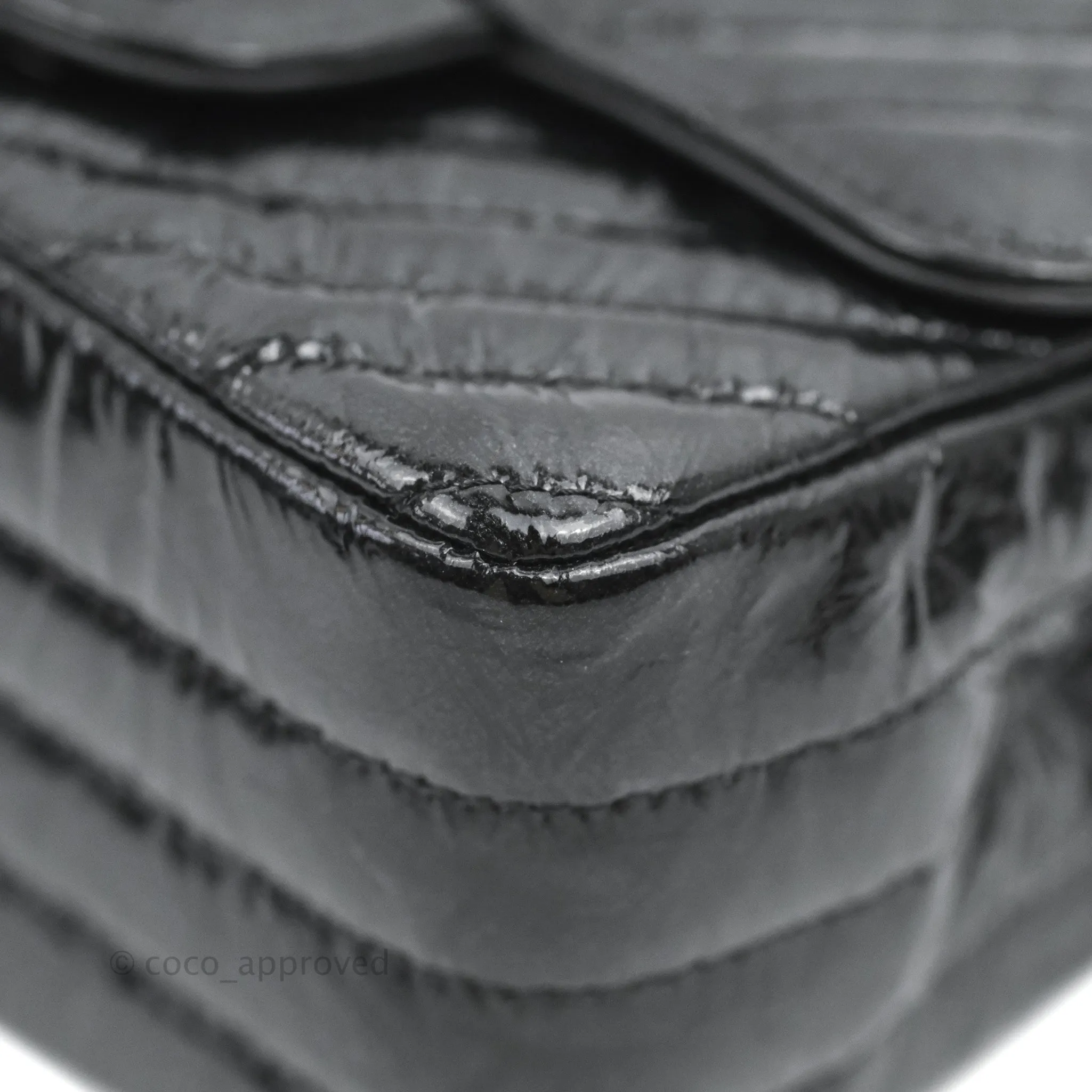 Chanel Mini Square Chevron Flap Black Crumpled Metallic Patent So Black