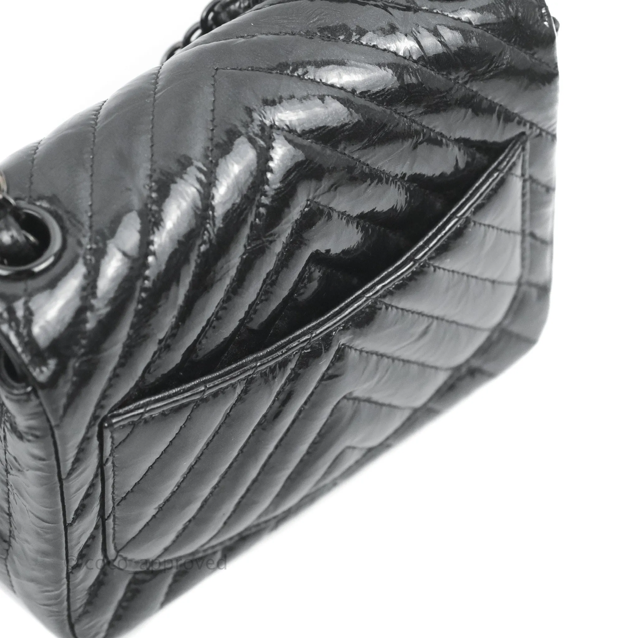 Chanel Mini Square Chevron Flap Black Crumpled Metallic Patent So Black