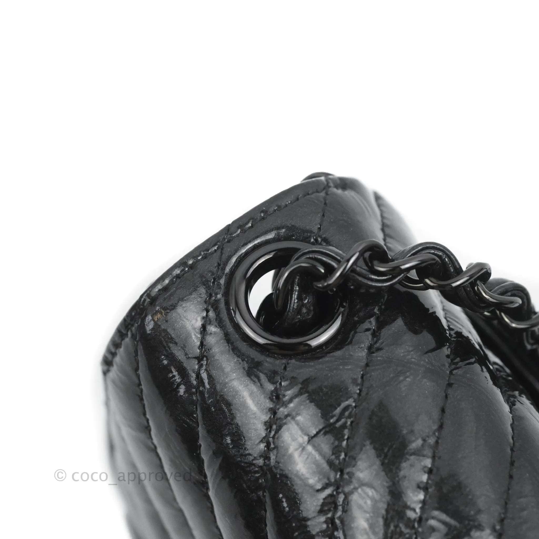 Chanel Mini Square Chevron Flap Black Crumpled Metallic Patent So Black