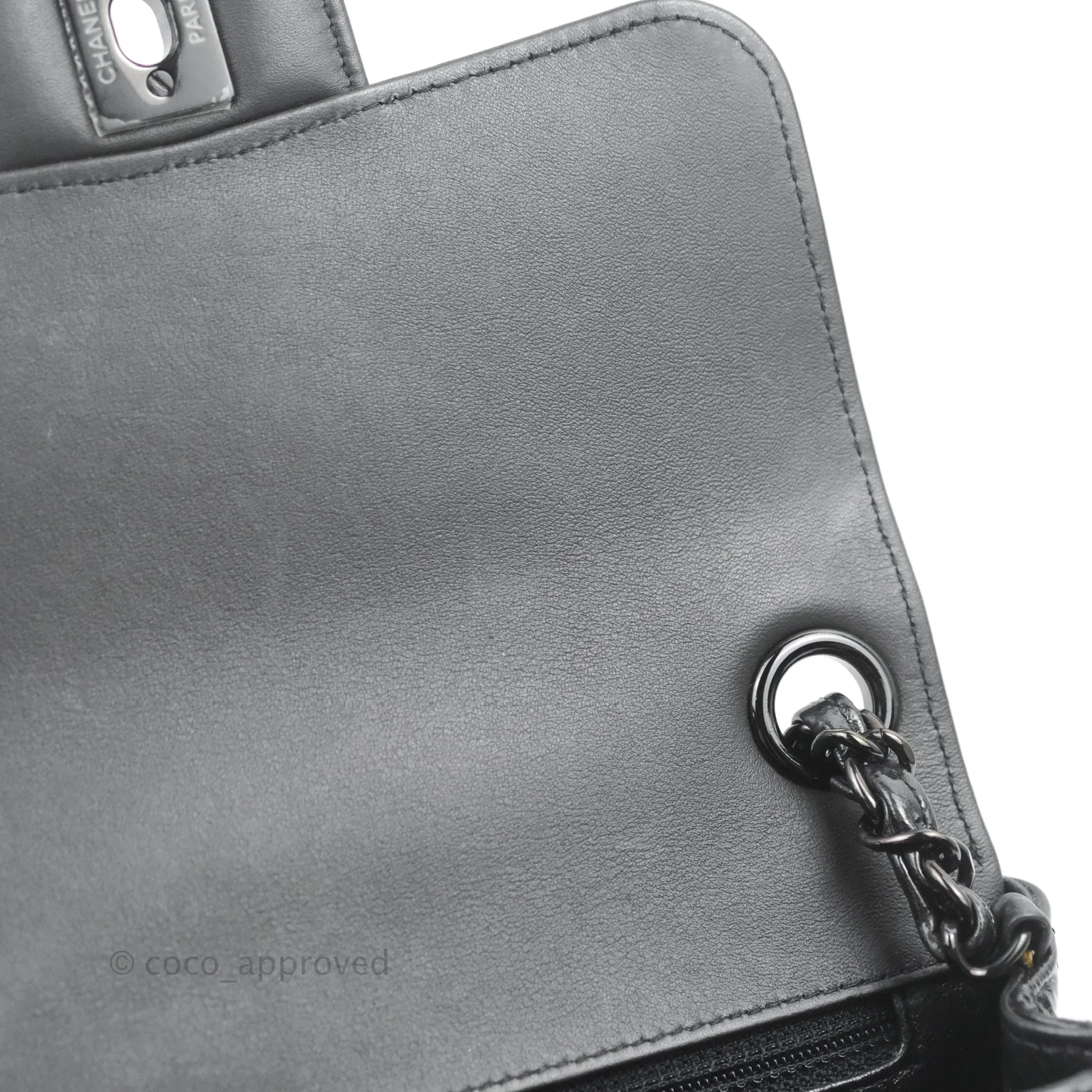 Chanel Mini Square Chevron Flap Black Crumpled Metallic Patent So Black