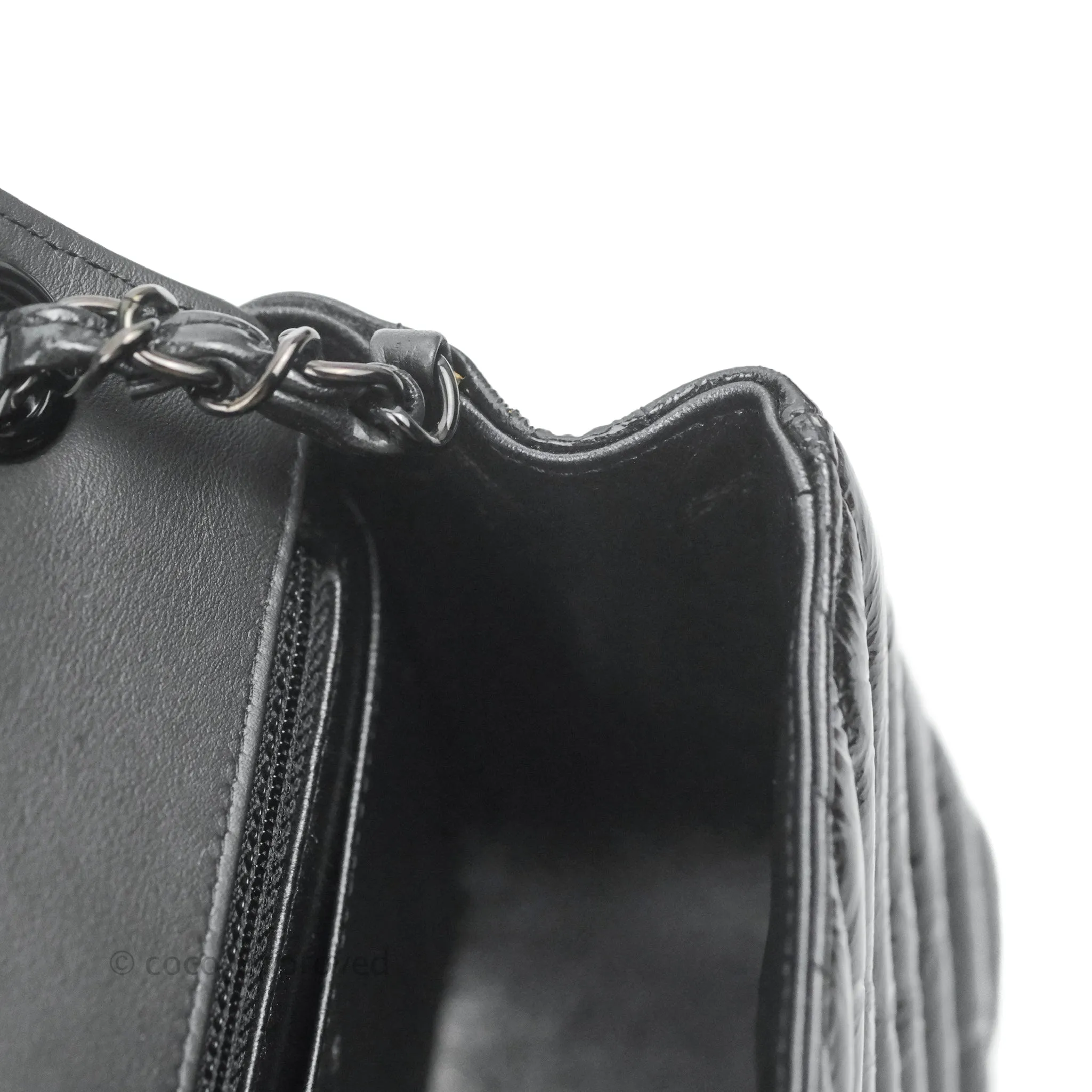 Chanel Mini Square Chevron Flap Black Crumpled Metallic Patent So Black