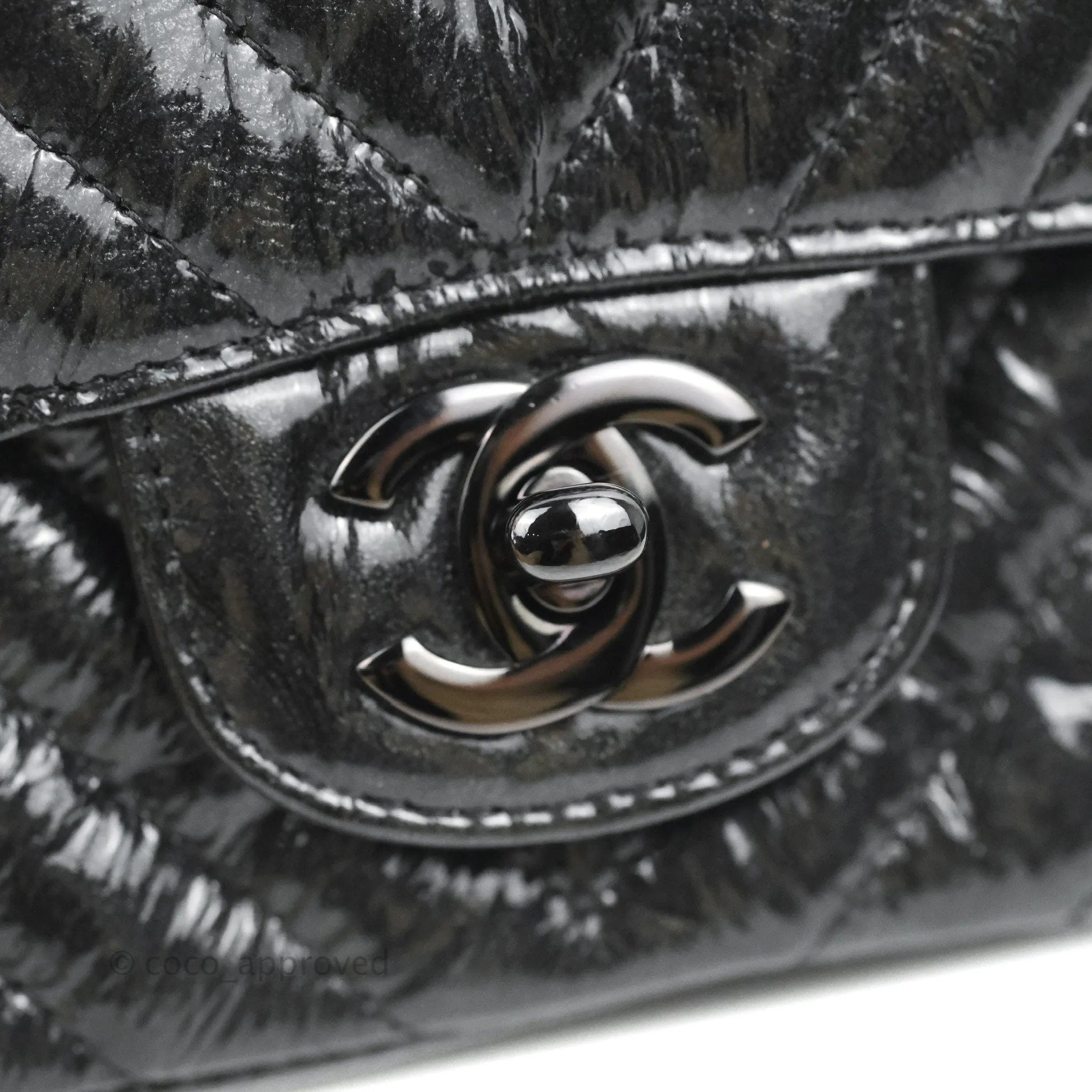 Chanel Mini Square Chevron Flap Black Crumpled Metallic Patent So Black