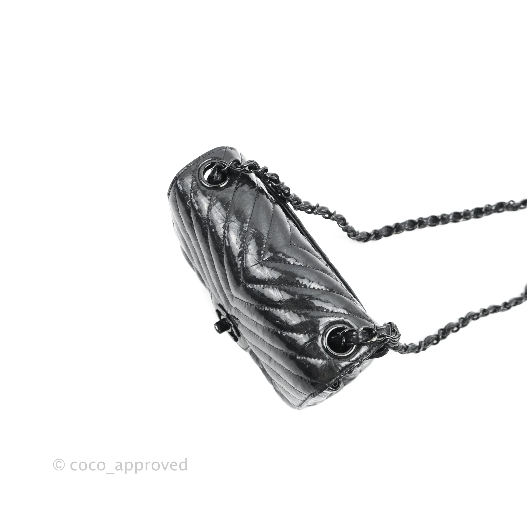 Chanel Mini Square Chevron Flap Black Crumpled Metallic Patent So Black
