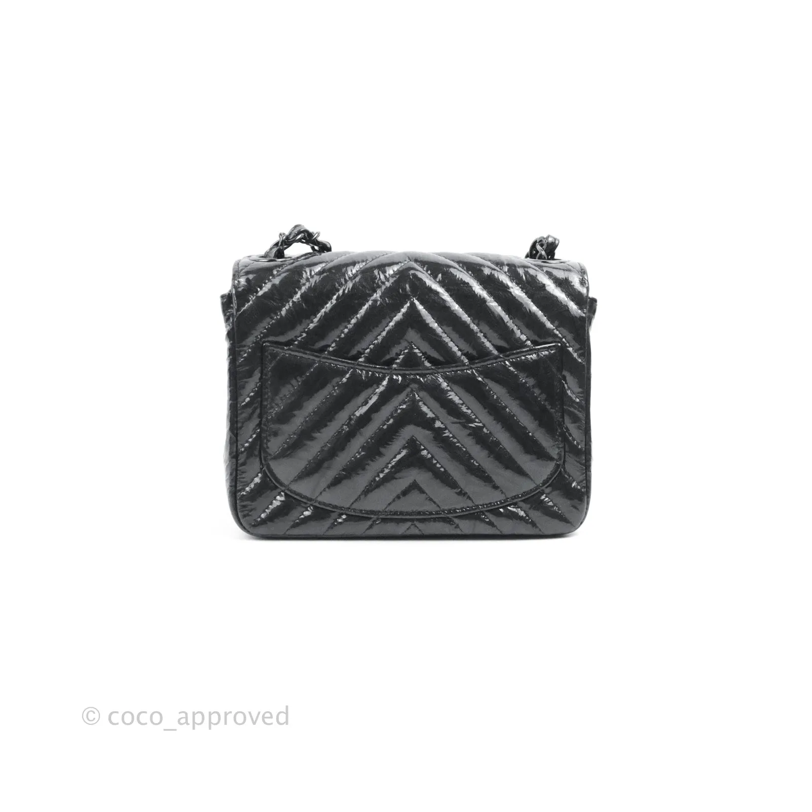 Chanel Mini Square Chevron Flap Black Crumpled Metallic Patent So Black