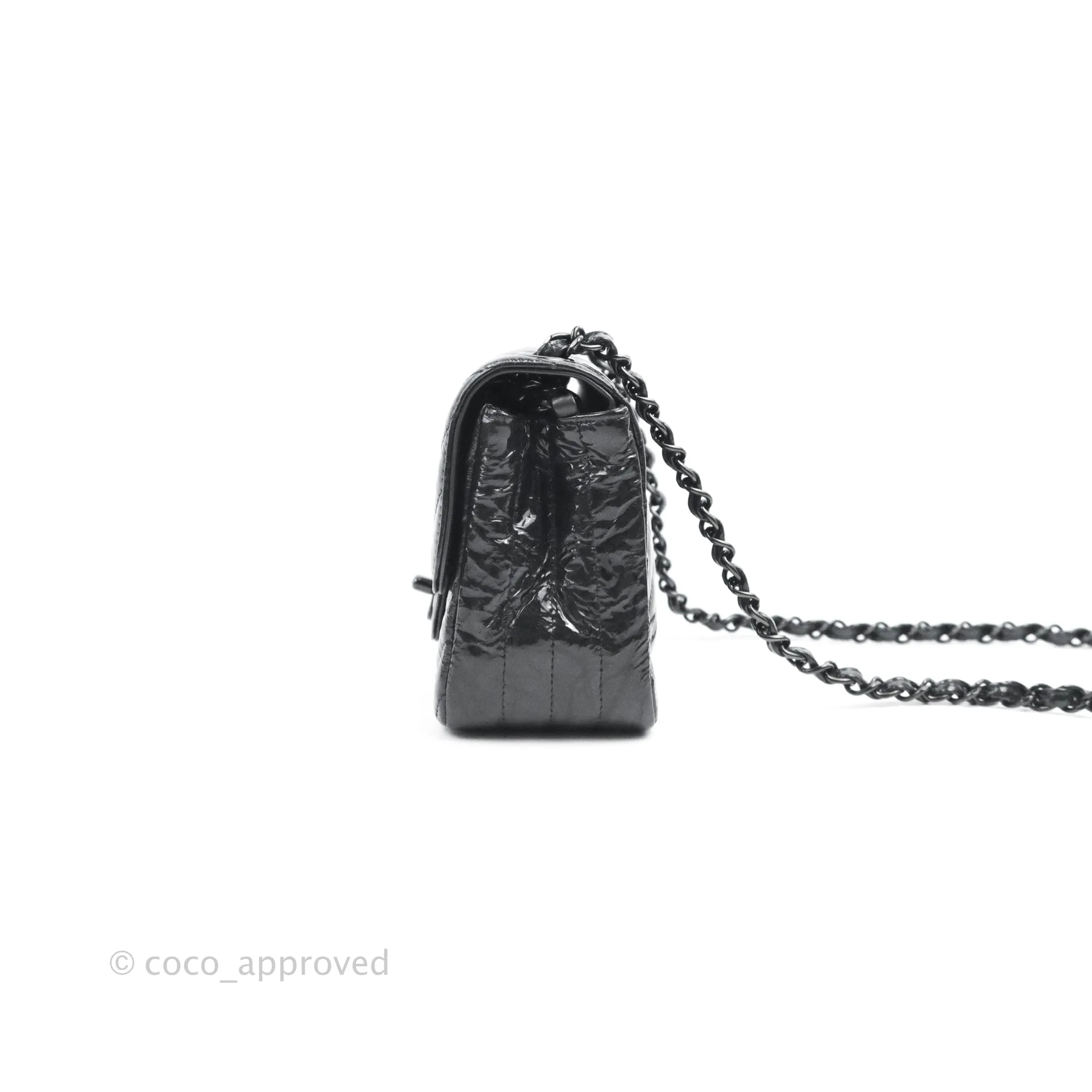 Chanel Mini Square Chevron Flap Black Crumpled Metallic Patent So Black