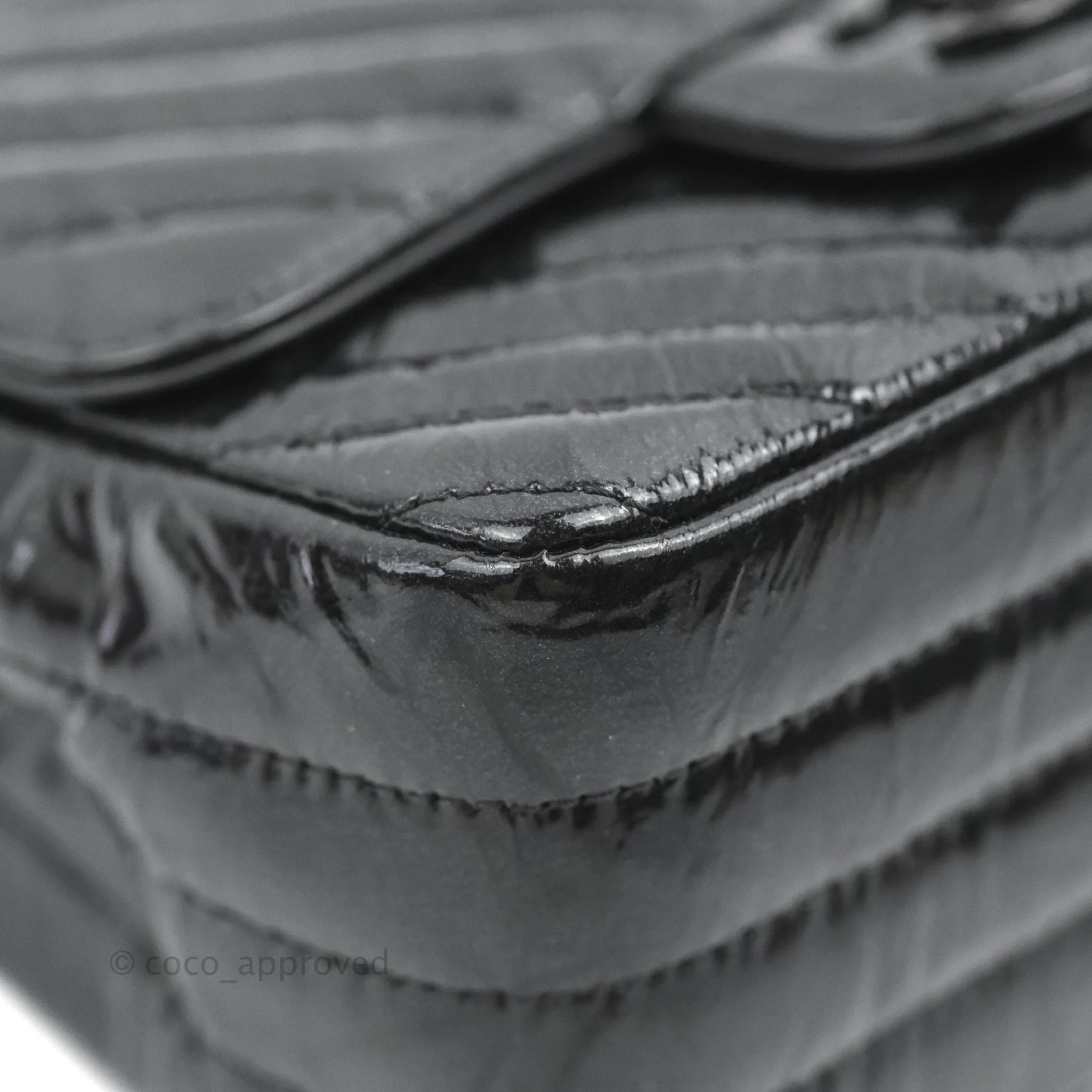 Chanel Mini Square Chevron Flap Black Crumpled Metallic Patent So Black