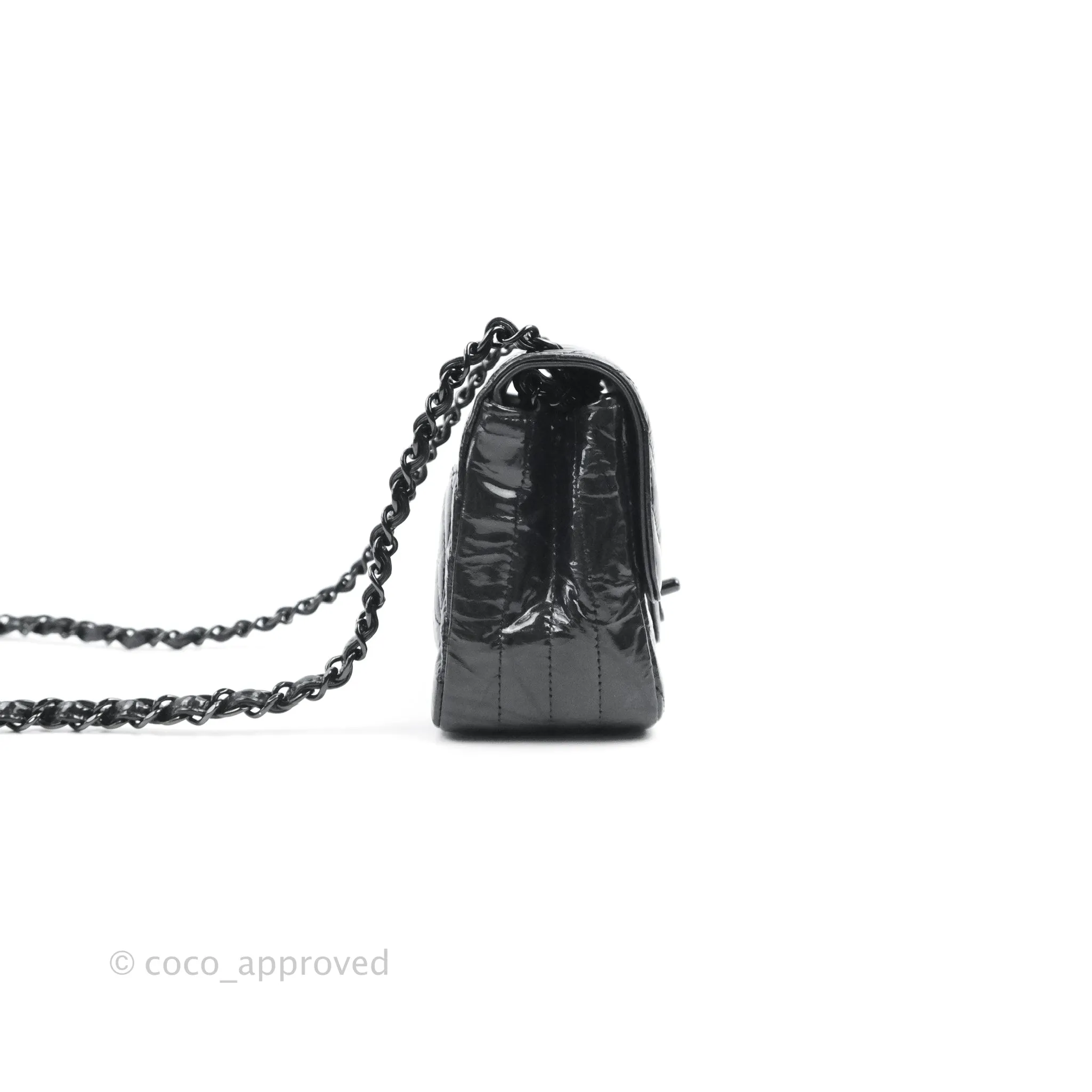 Chanel Mini Square Chevron Flap Black Crumpled Metallic Patent So Black