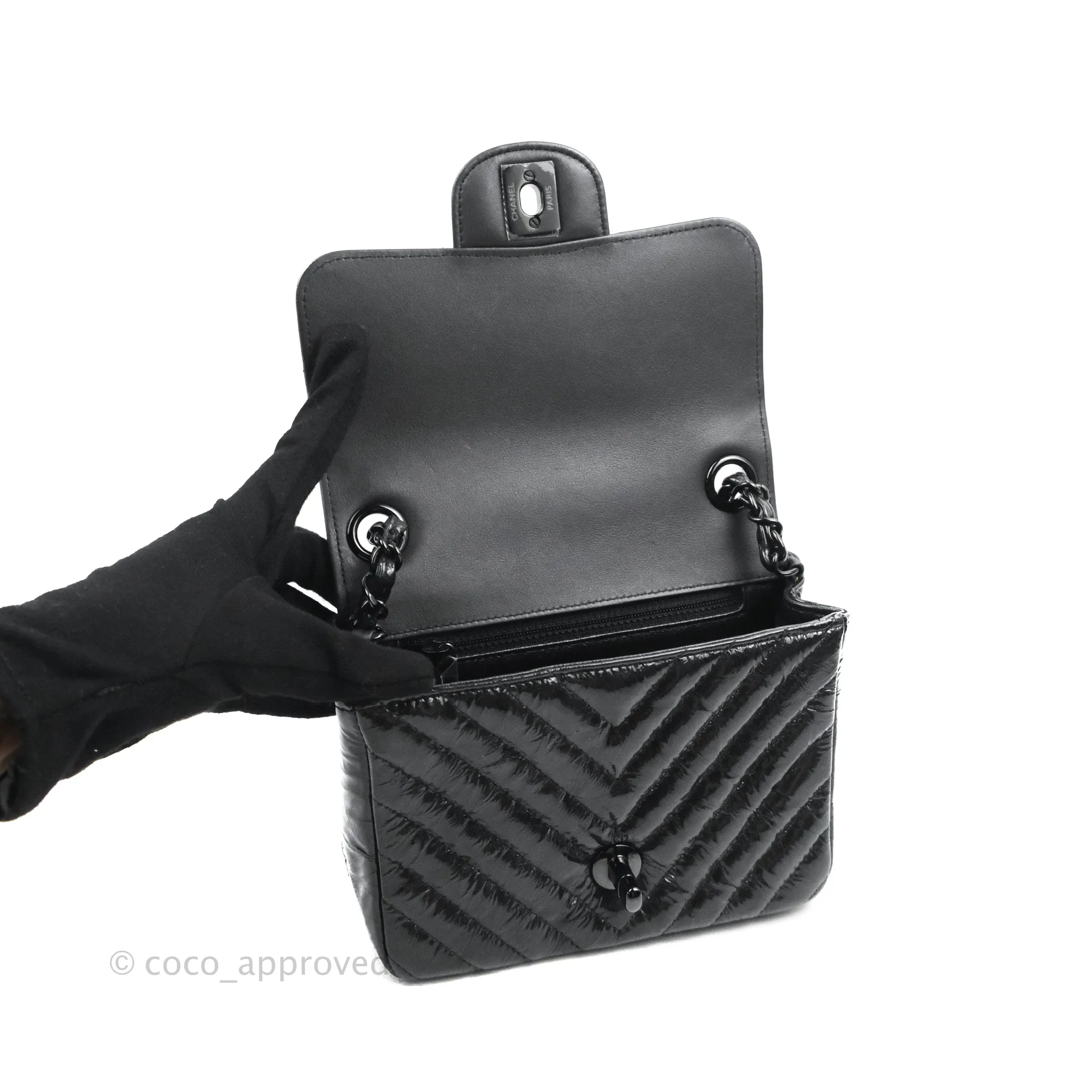 Chanel Mini Square Chevron Flap Black Crumpled Metallic Patent So Black