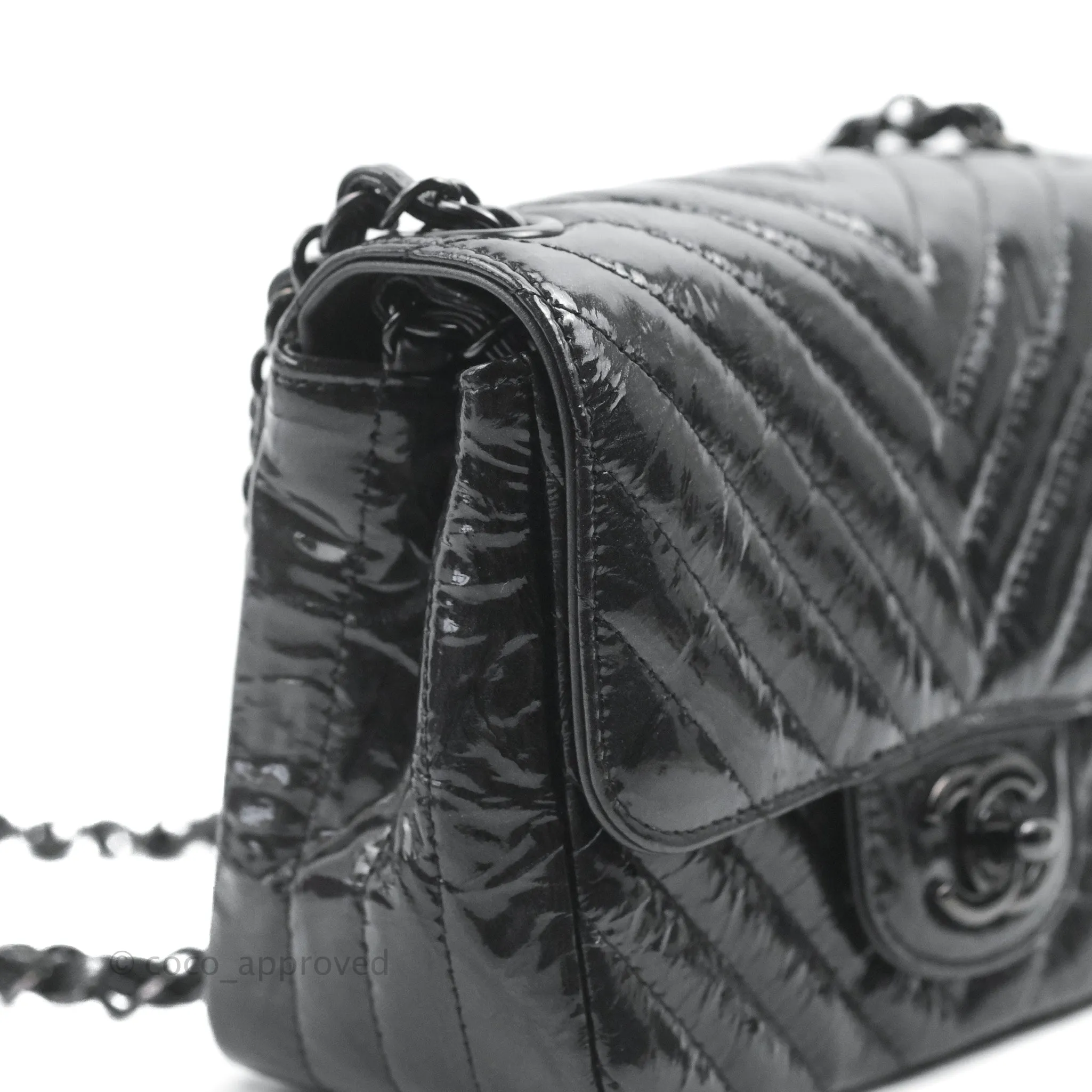 Chanel Mini Square Chevron Flap Black Crumpled Metallic Patent So Black