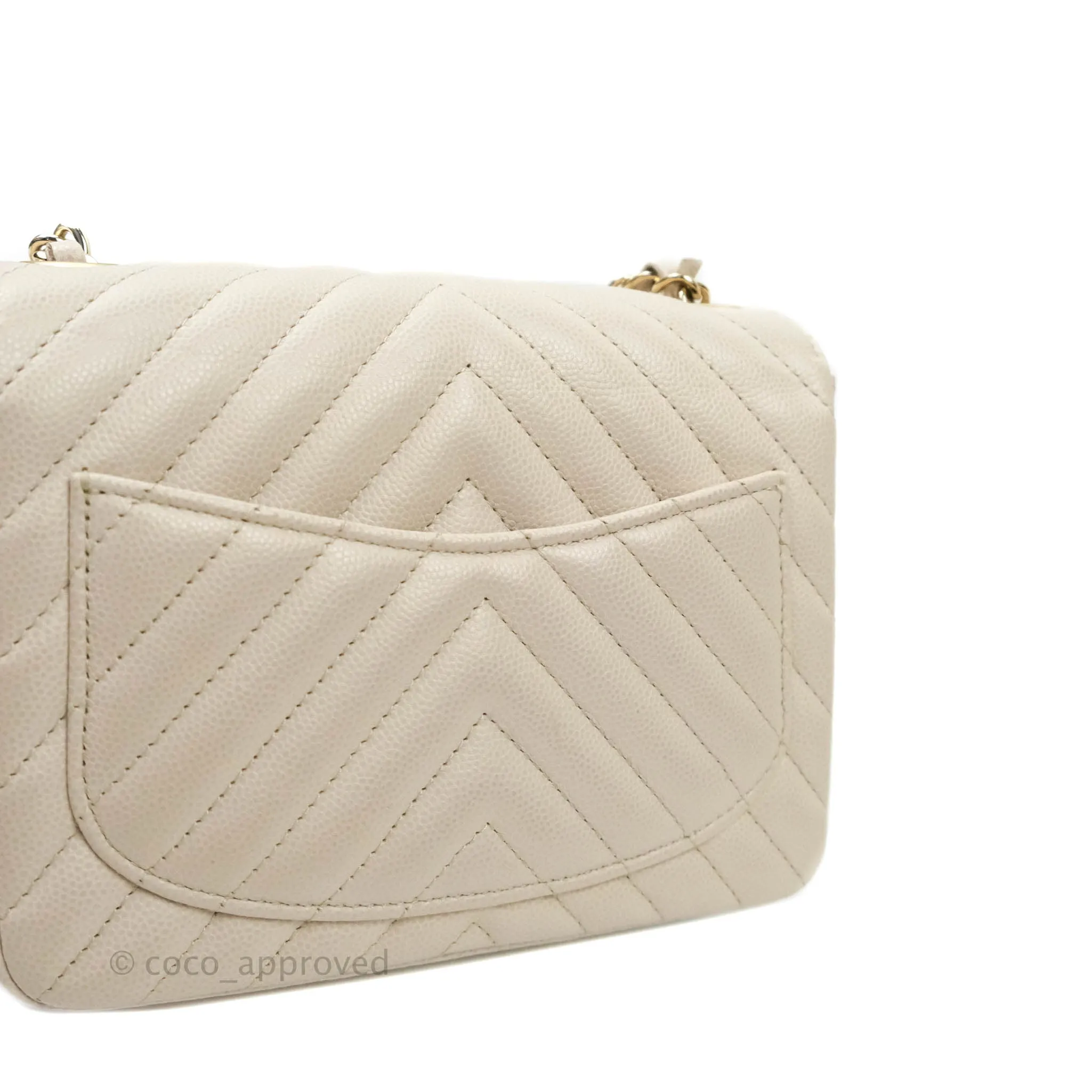 Chanel Mini Square Chevron Ivory Stone Caviar Gold Hardware 18B