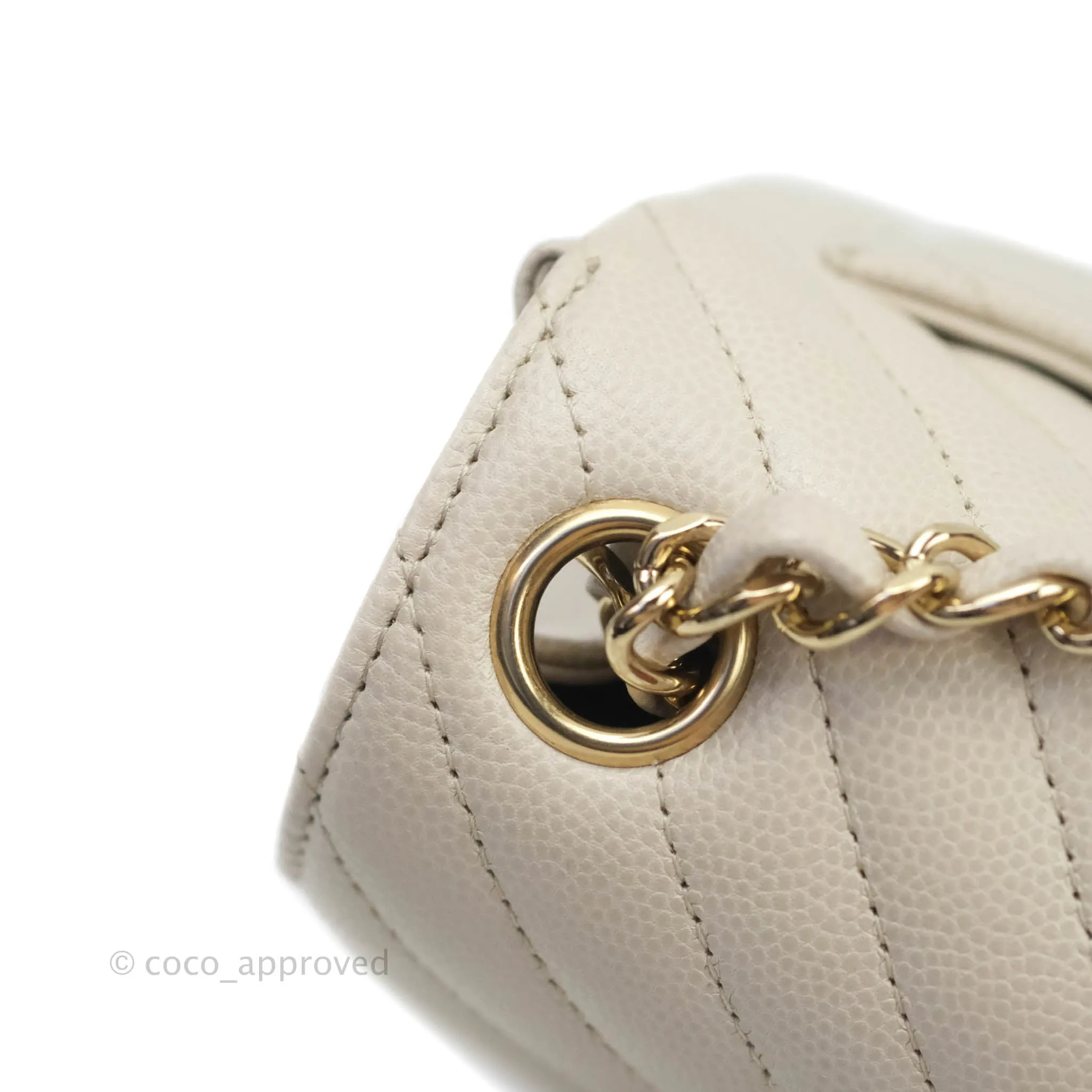 Chanel Mini Square Chevron Ivory Stone Caviar Gold Hardware 18B