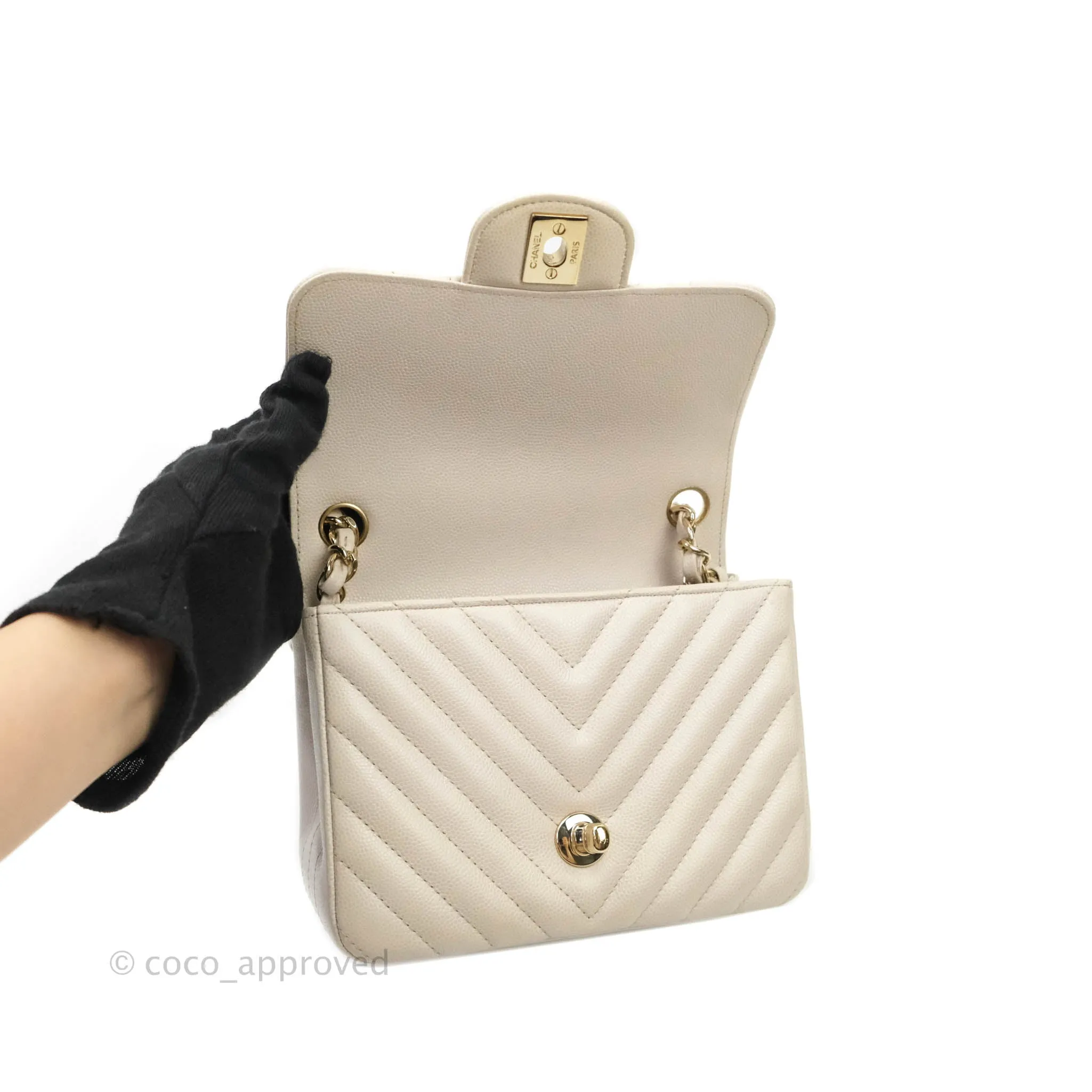 Chanel Mini Square Chevron Ivory Stone Caviar Gold Hardware 18B