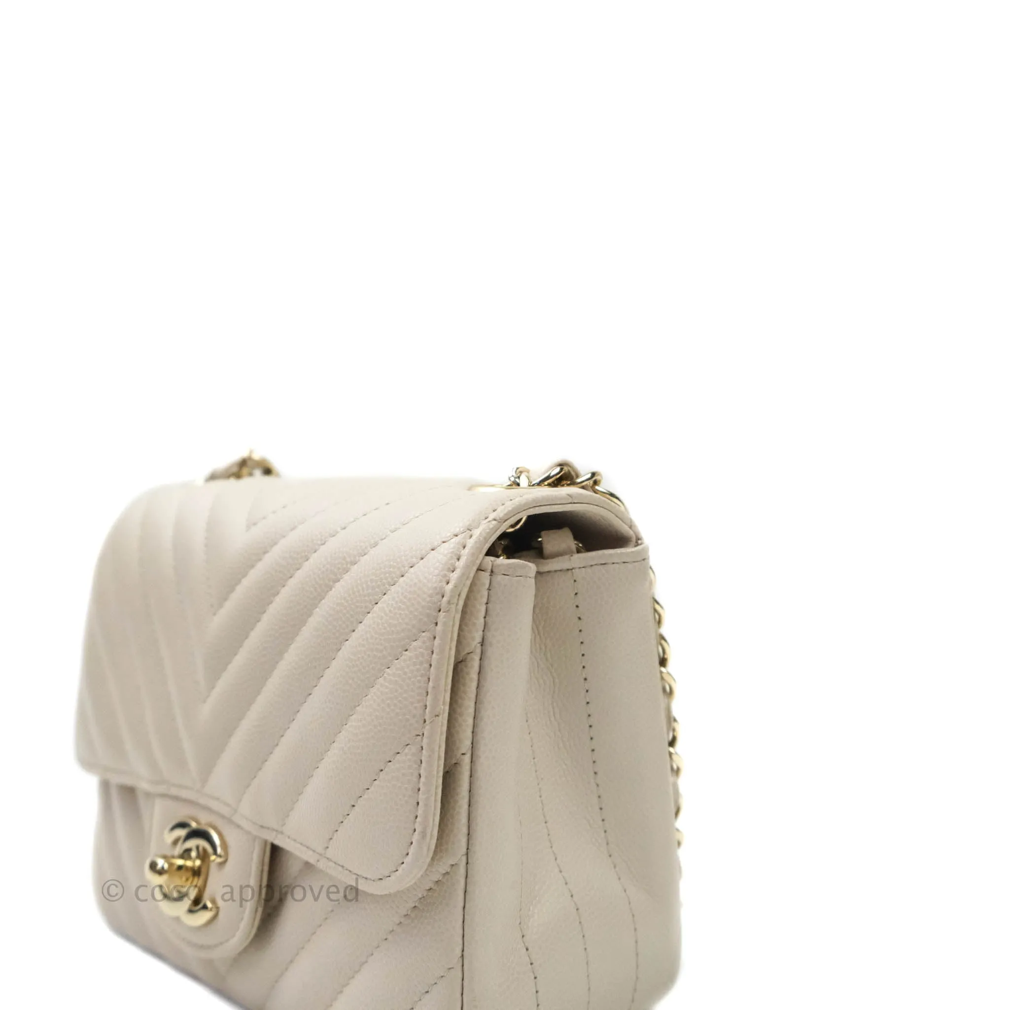 Chanel Mini Square Chevron Ivory Stone Caviar Gold Hardware 18B