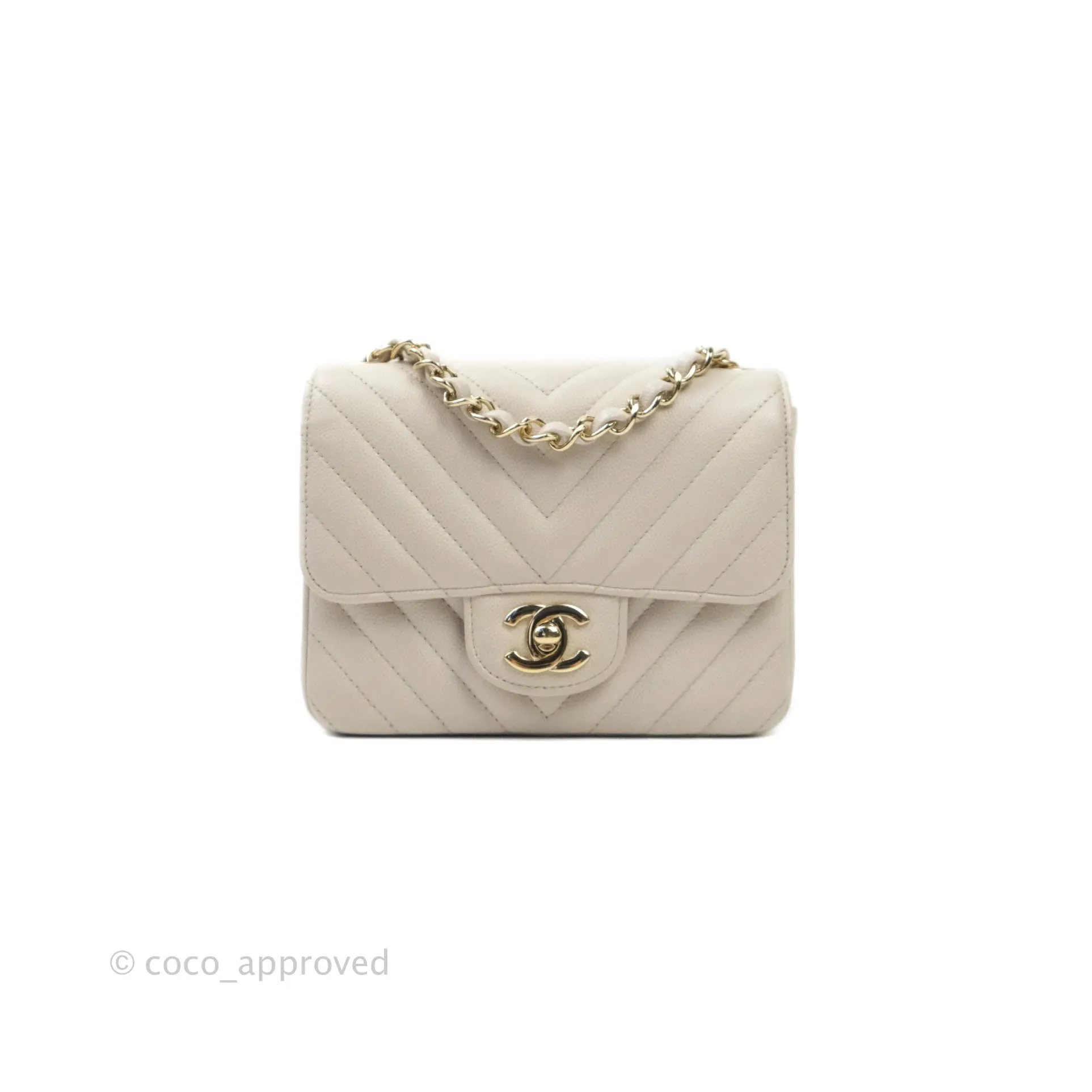Chanel Mini Square Chevron Ivory Stone Caviar Gold Hardware 18B