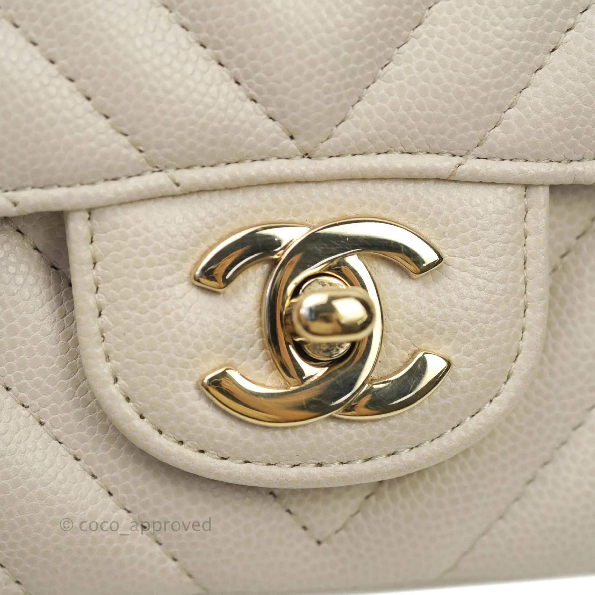 Chanel Mini Square Chevron Ivory Stone Caviar Gold Hardware 18B