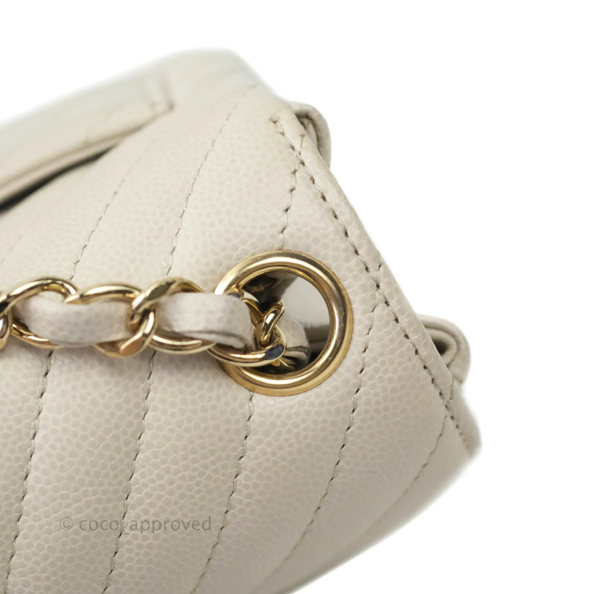 Chanel Mini Square Chevron Ivory Stone Caviar Gold Hardware 18B