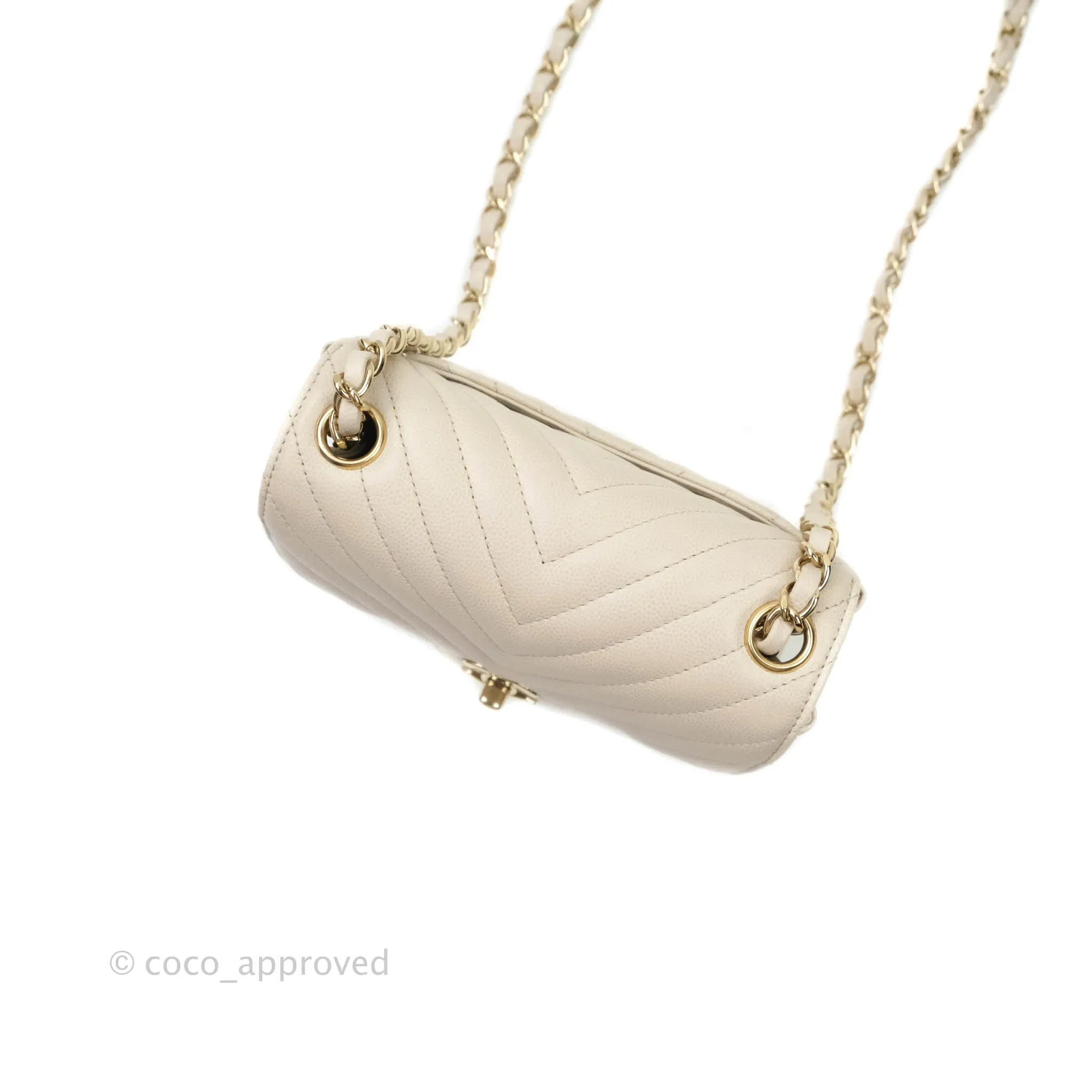 Chanel Mini Square Chevron Ivory Stone Caviar Gold Hardware 18B
