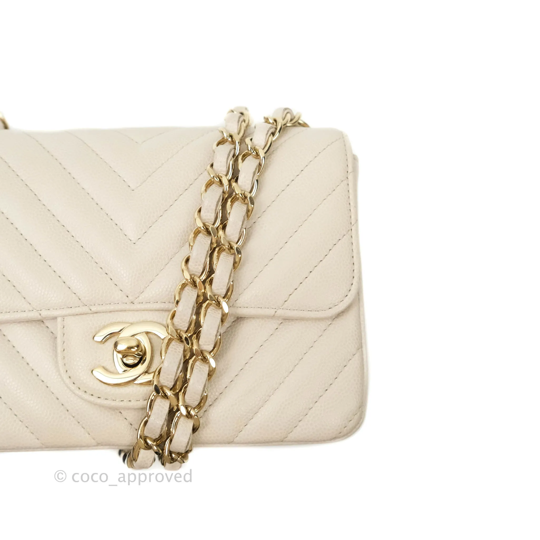 Chanel Mini Square Chevron Ivory Stone Caviar Gold Hardware 18B