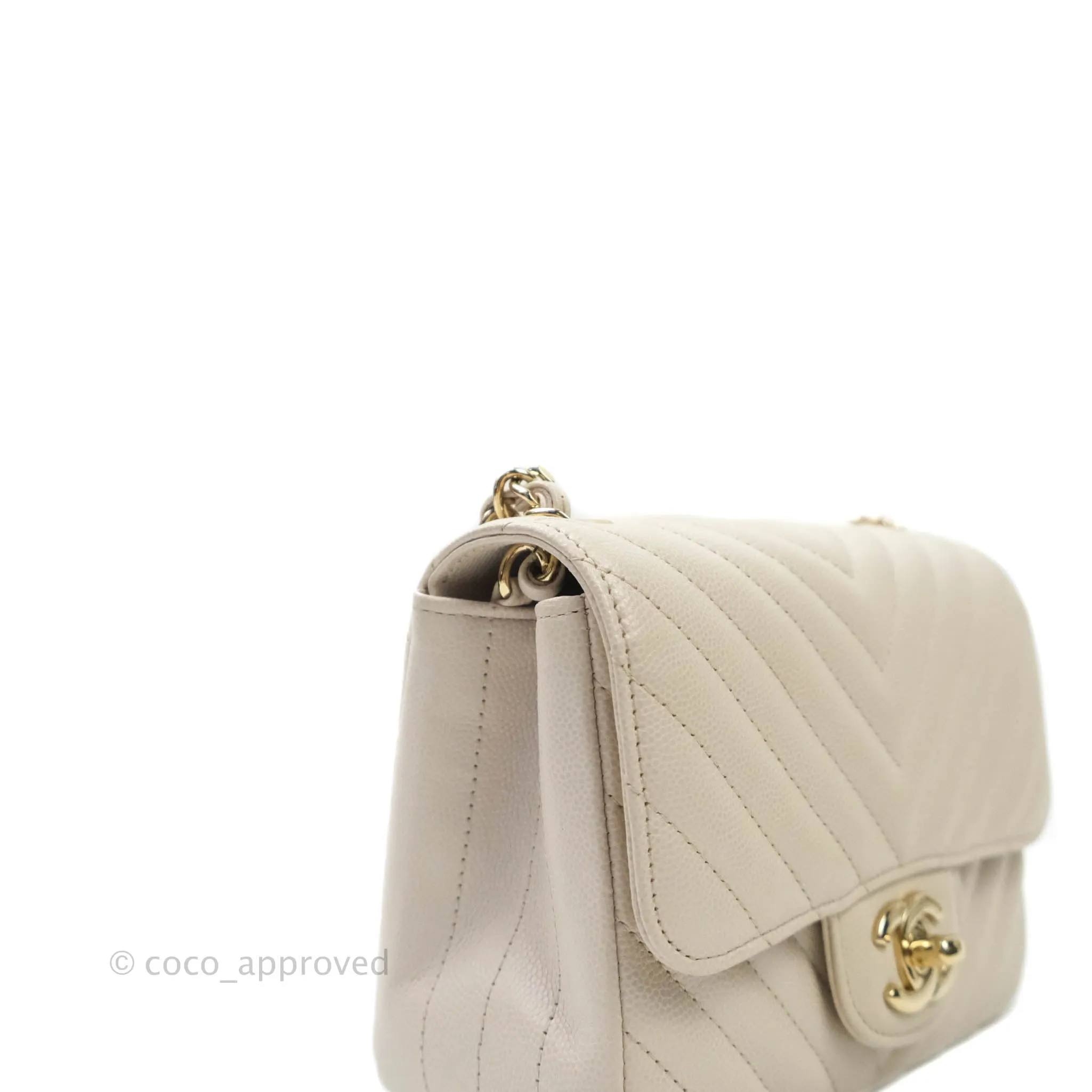 Chanel Mini Square Chevron Ivory Stone Caviar Gold Hardware 18B