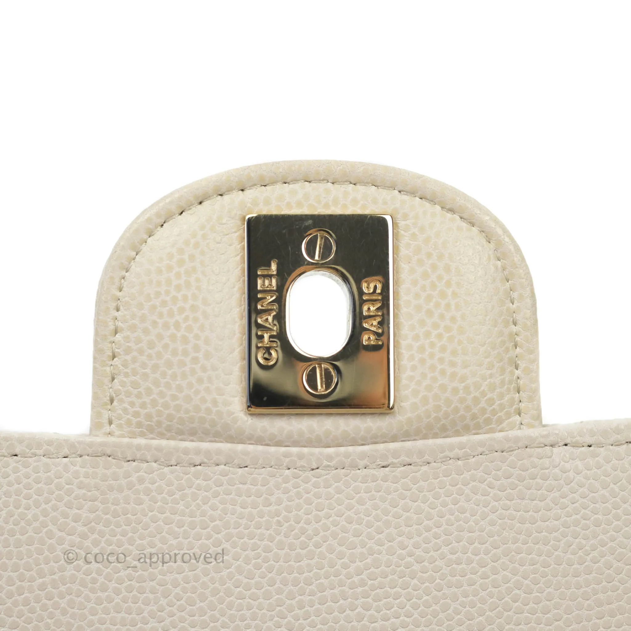 Chanel Mini Square Chevron Ivory Stone Caviar Gold Hardware 18B