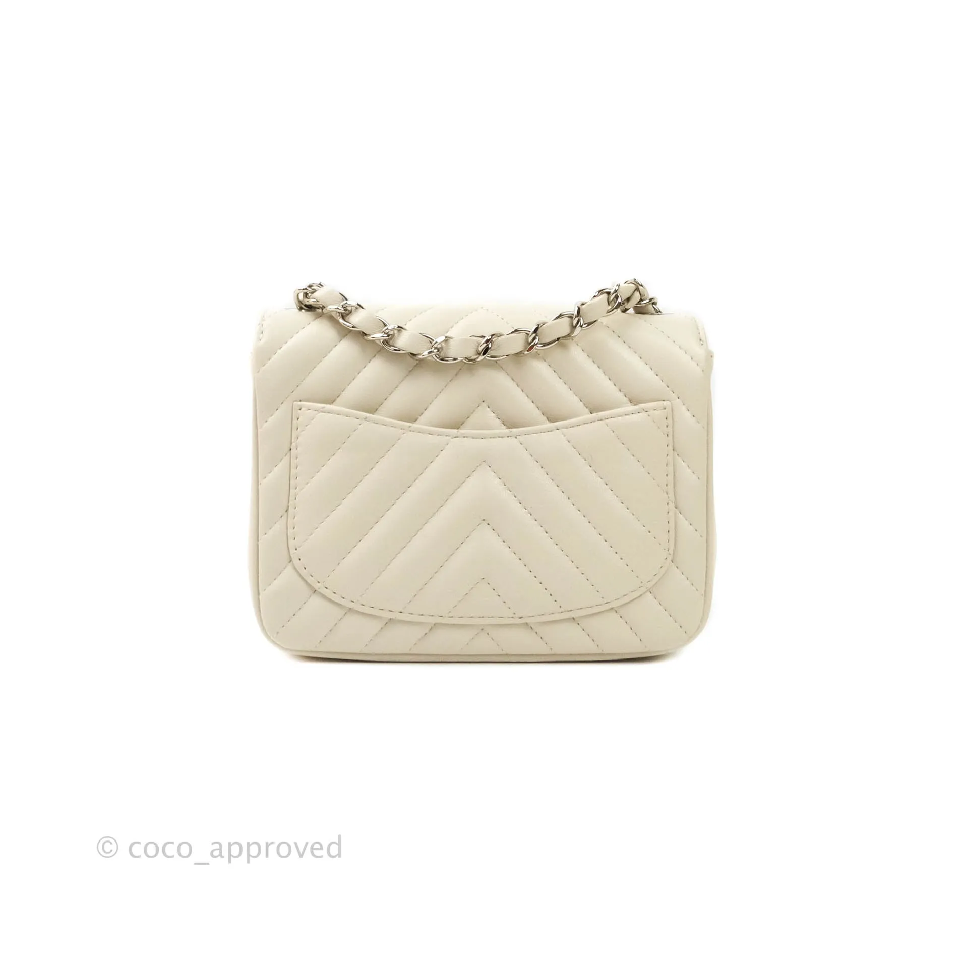 Chanel Mini Square Chevron White Ivory Lambskin Silver Hardware