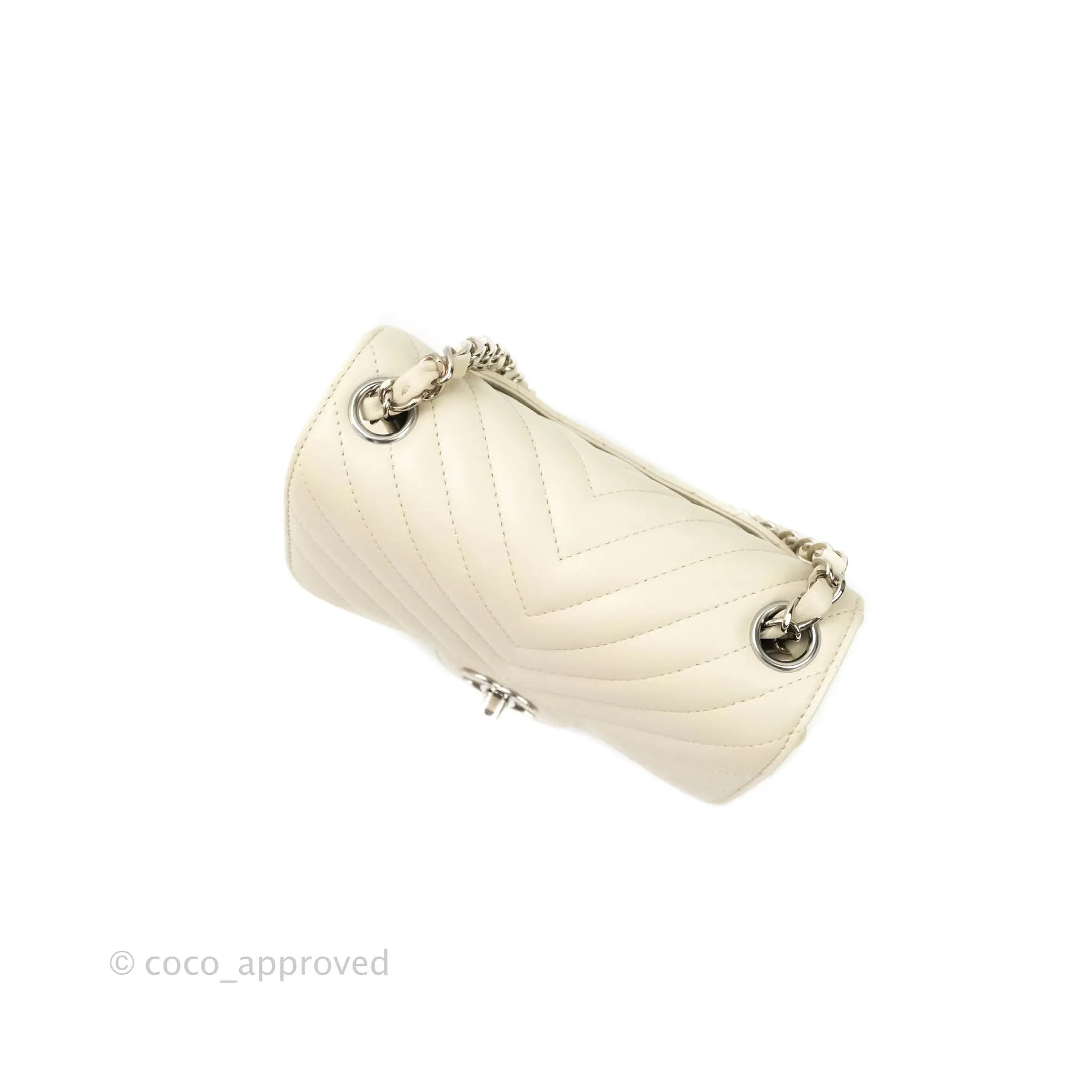 Chanel Mini Square Chevron White Ivory Lambskin Silver Hardware