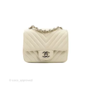 Chanel Mini Square Chevron White Ivory Lambskin Silver Hardware