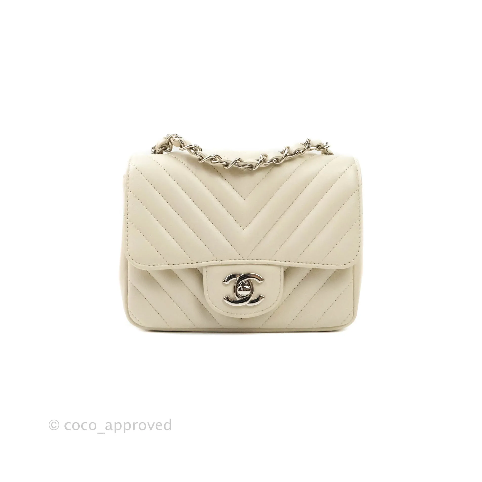 Chanel Mini Square Chevron White Ivory Lambskin Silver Hardware