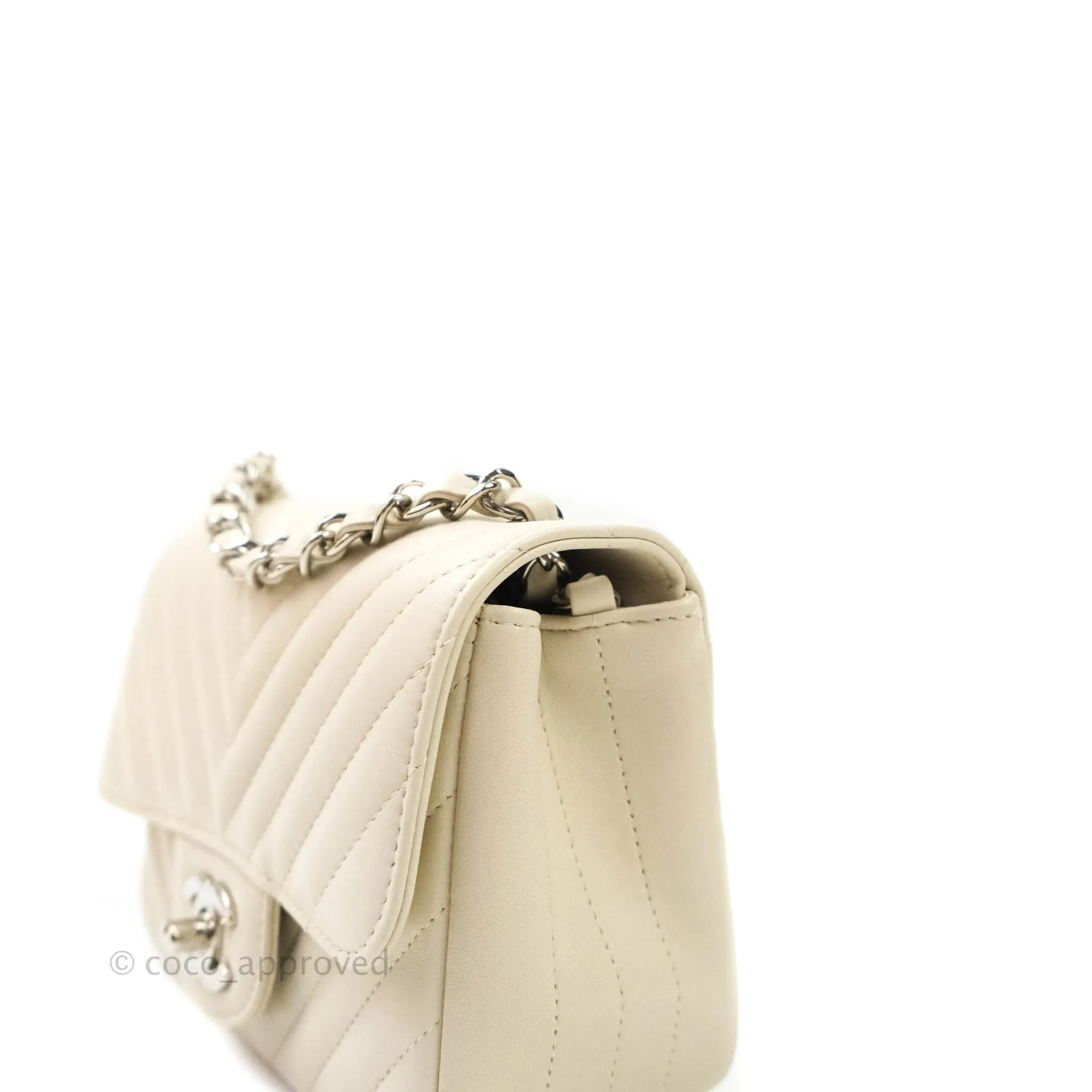 Chanel Mini Square Chevron White Ivory Lambskin Silver Hardware