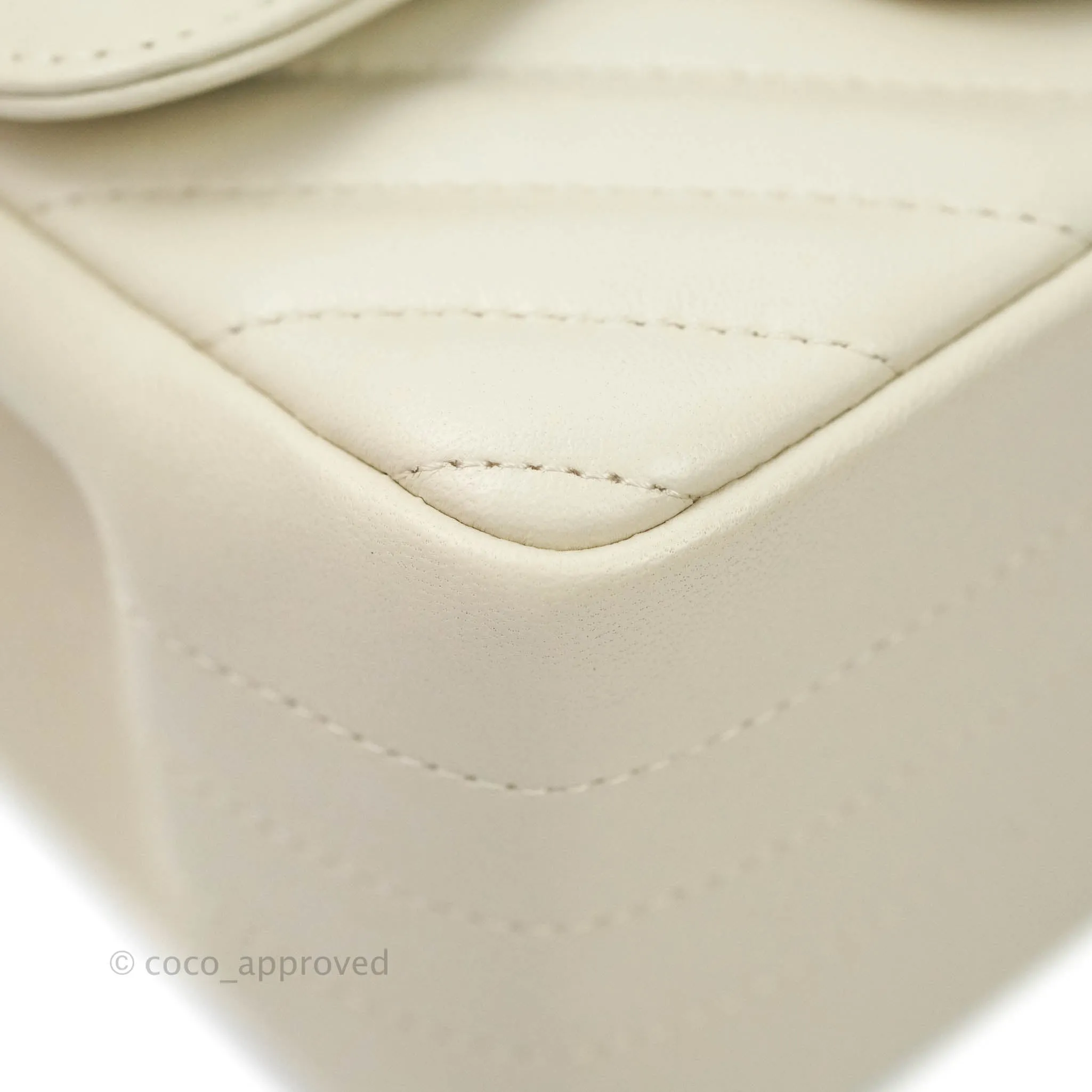 Chanel Mini Square Chevron White Ivory Lambskin Silver Hardware