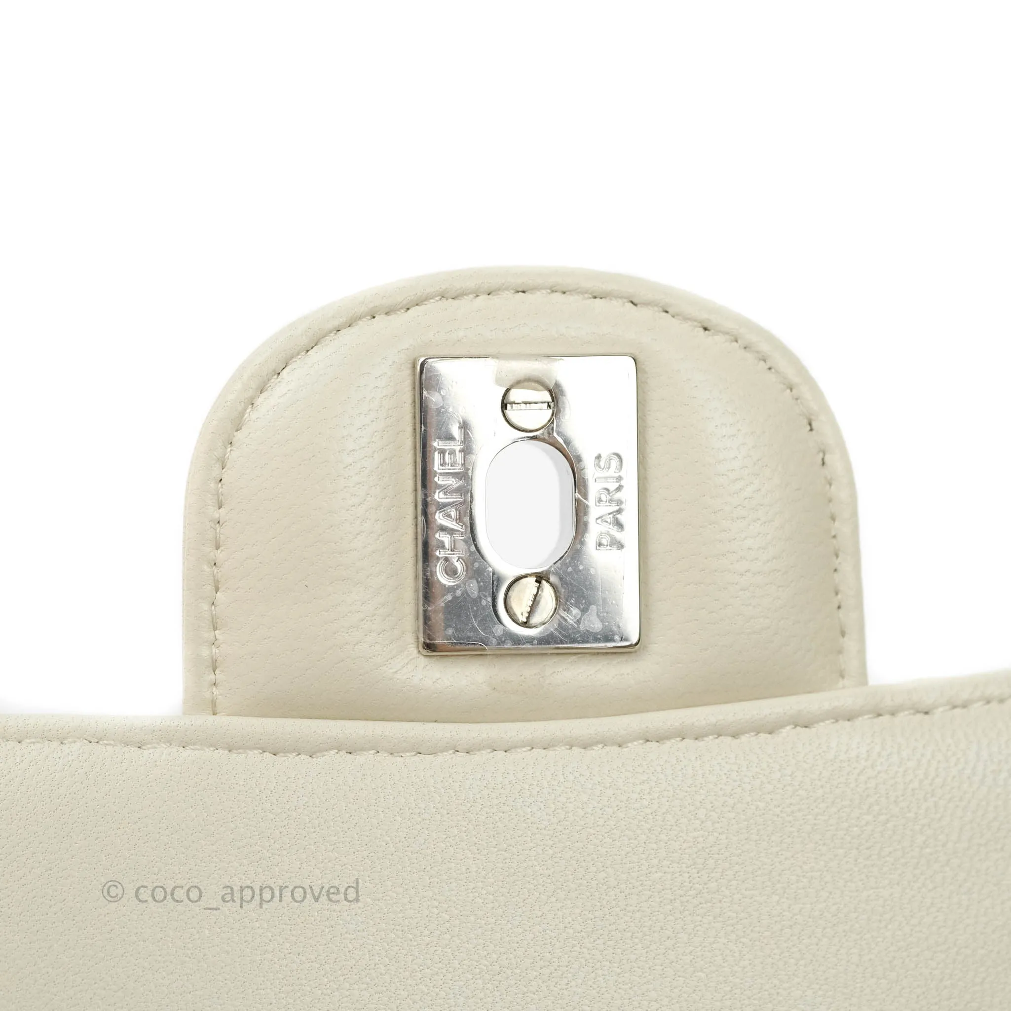 Chanel Mini Square Chevron White Ivory Lambskin Silver Hardware