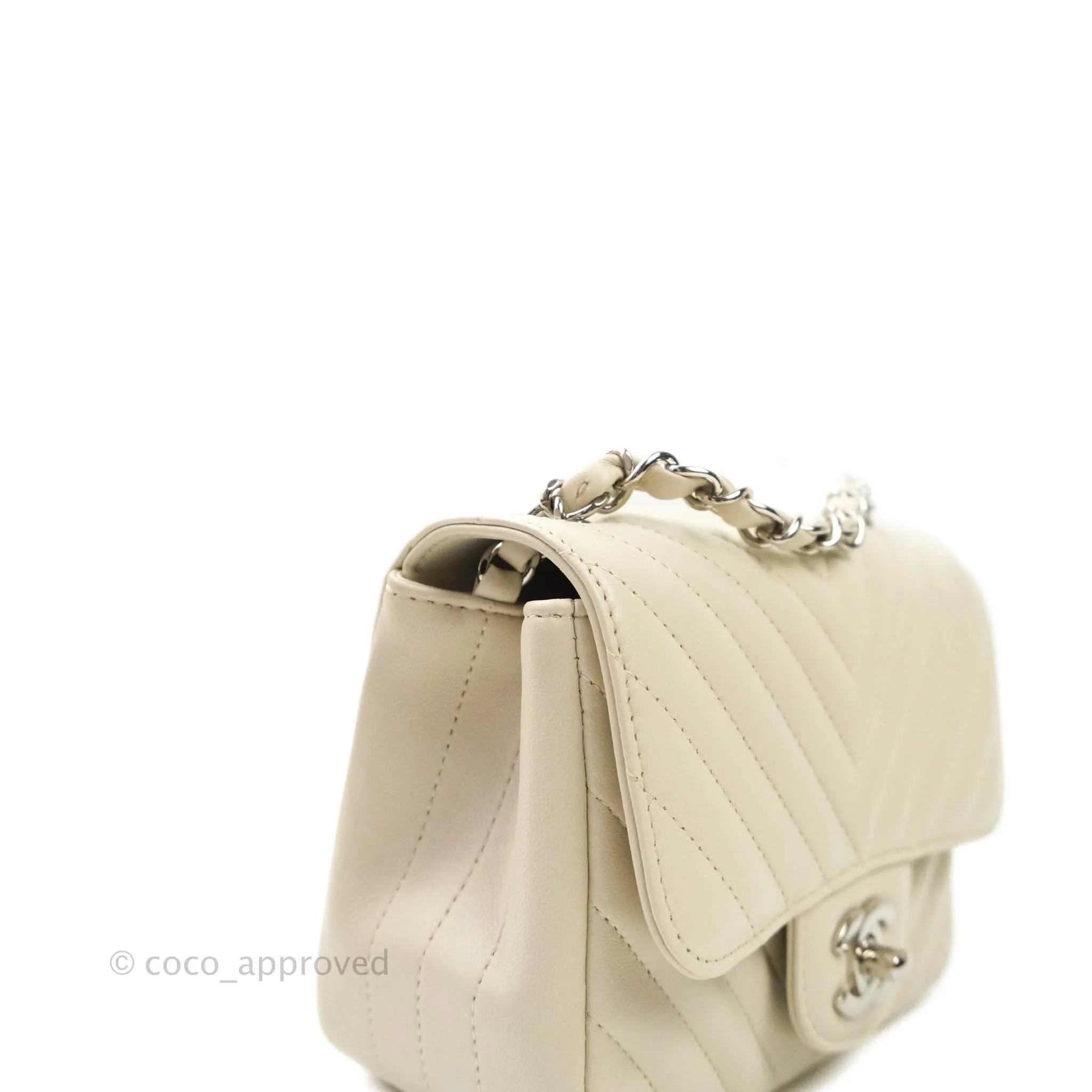 Chanel Mini Square Chevron White Ivory Lambskin Silver Hardware