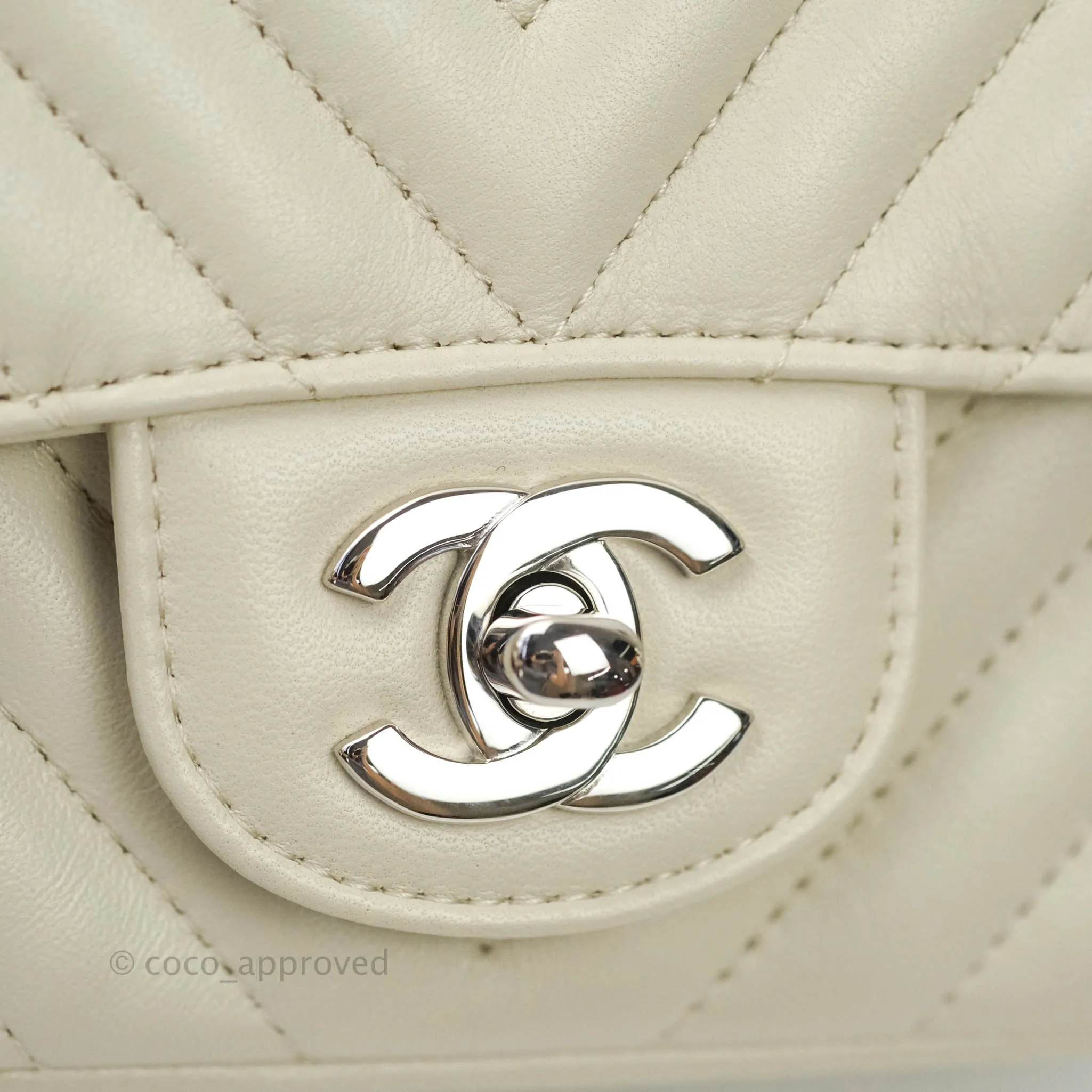 Chanel Mini Square Chevron White Ivory Lambskin Silver Hardware