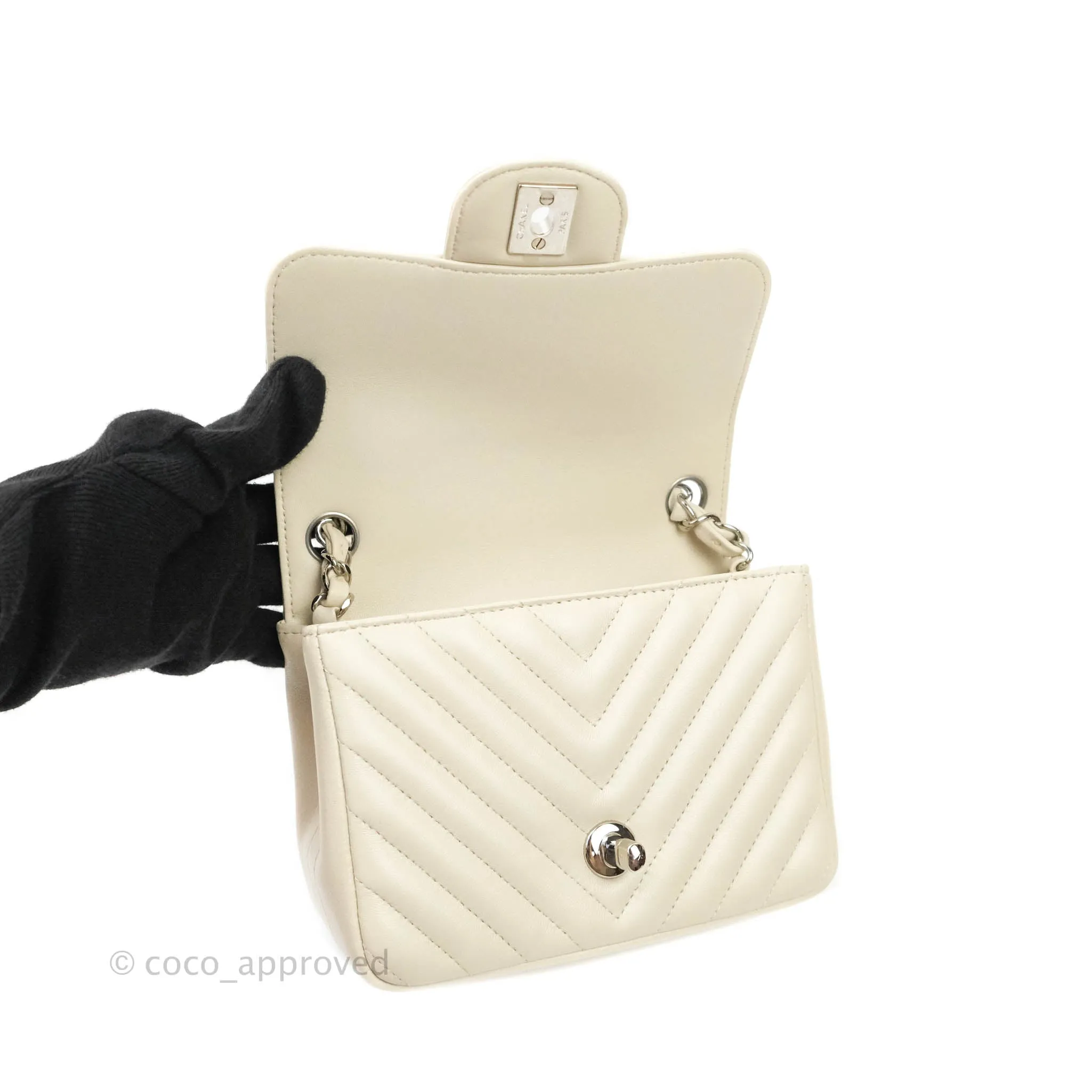 Chanel Mini Square Chevron White Ivory Lambskin Silver Hardware