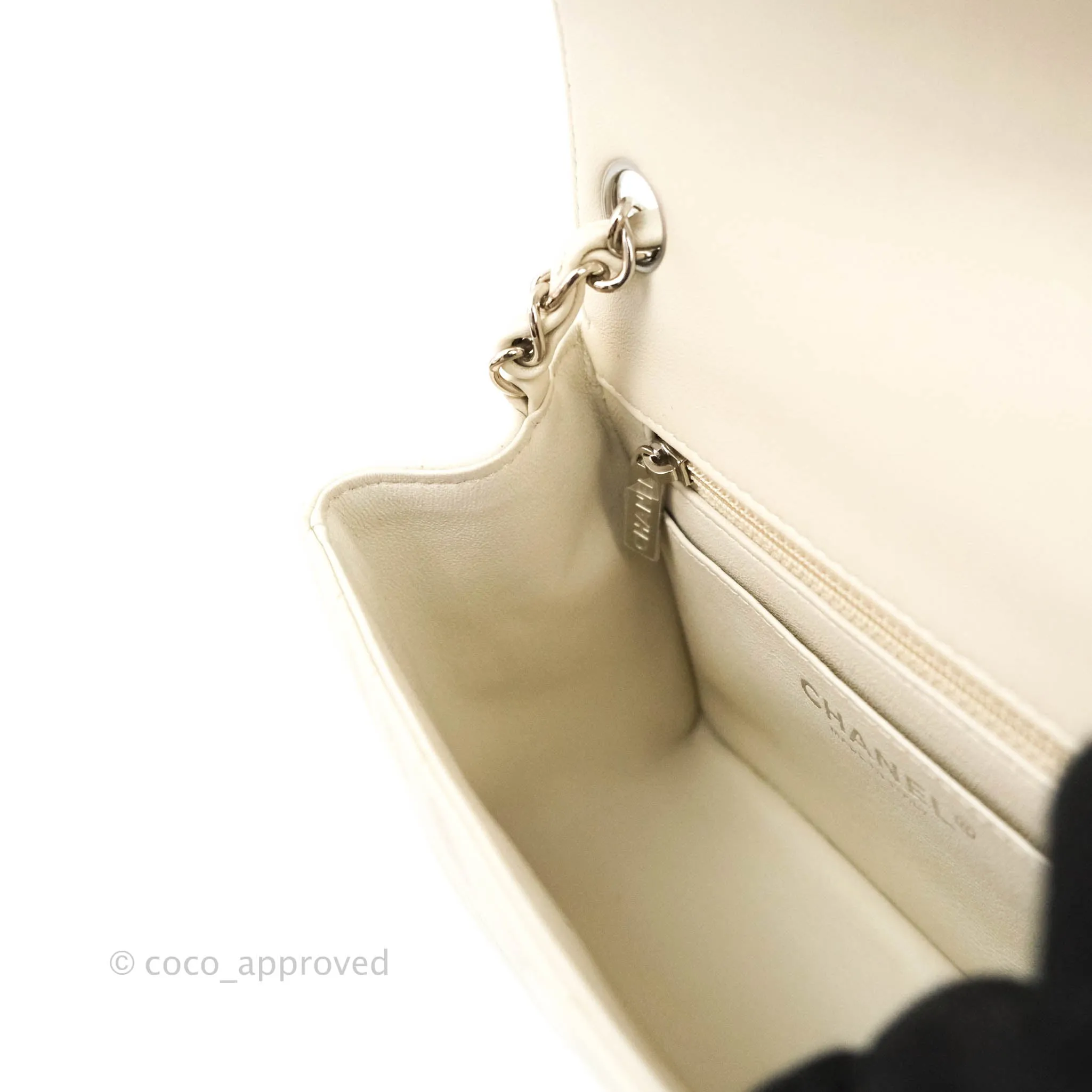 Chanel Mini Square Chevron White Ivory Lambskin Silver Hardware